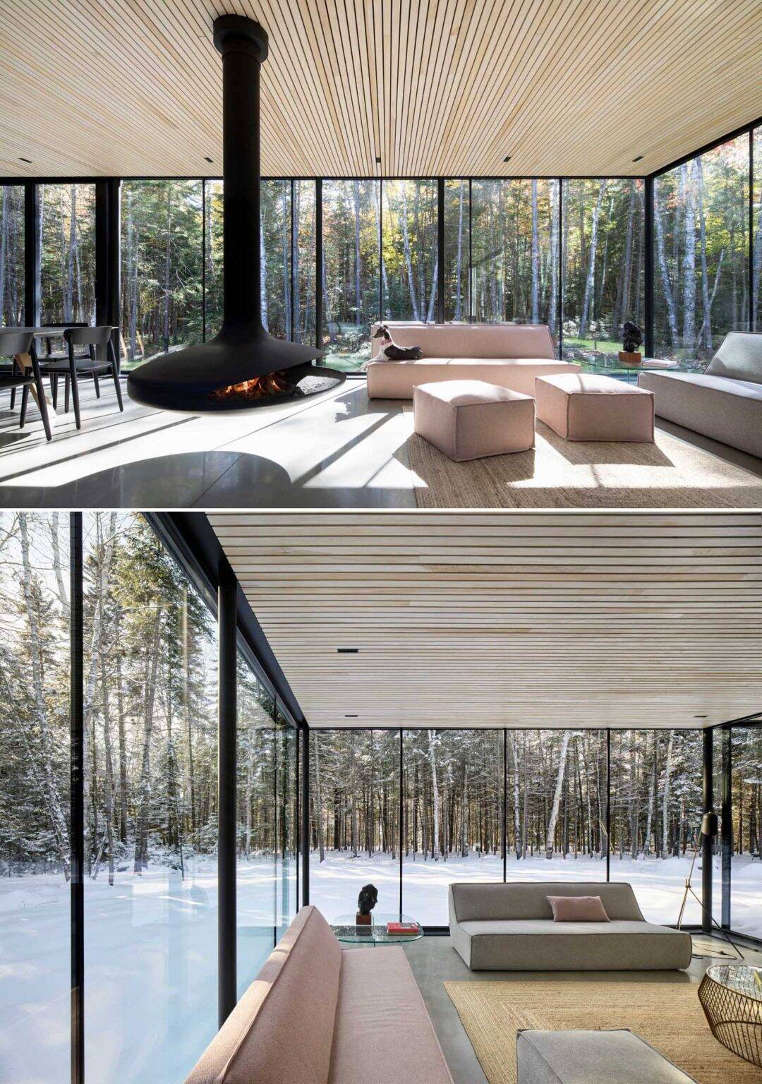 Floor-to-ceiling glass surrounds the living room, where a suspended black fireplace sits within an open space facing the forest.