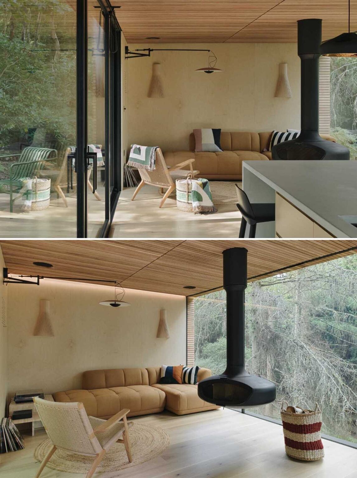 Take a look inside the cosy living room where natural timber finishes, woodland views and a suspended fireplace create an inviting atmosphere.