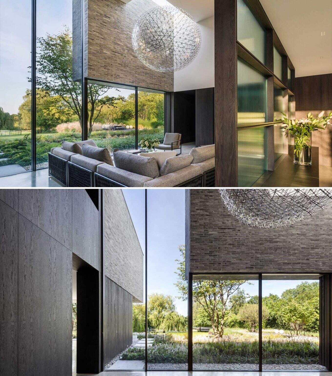 Polished concrete floors, steel detailing, and natural stone create a clean architectural interior filled with texture and contrast.
