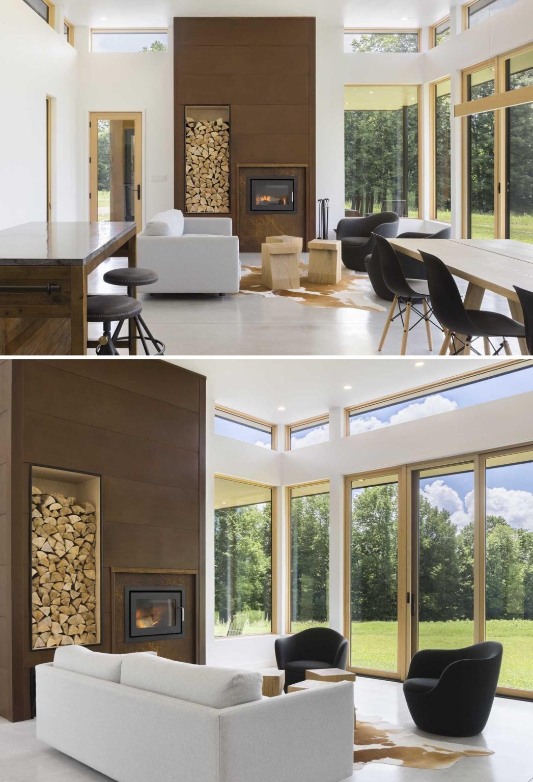 A weathering steel fireplace, polished concrete floors, and expansive views define the welcoming interiors of this compact modern home.