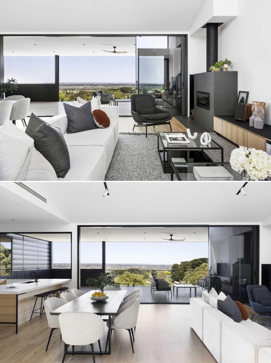 A wood-burning fireplace, timber flooring, and bushland views make this open-plan living space both welcoming and visually impressive.