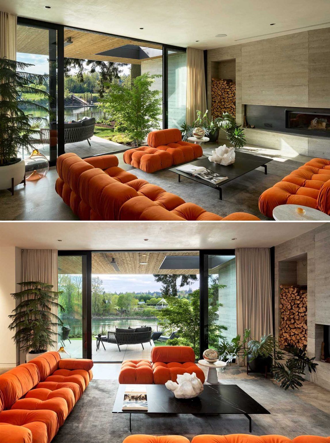 Bright orange sofas, river views, a fireplace, and courtyard connections make this modern living room full of character and design inspiration.