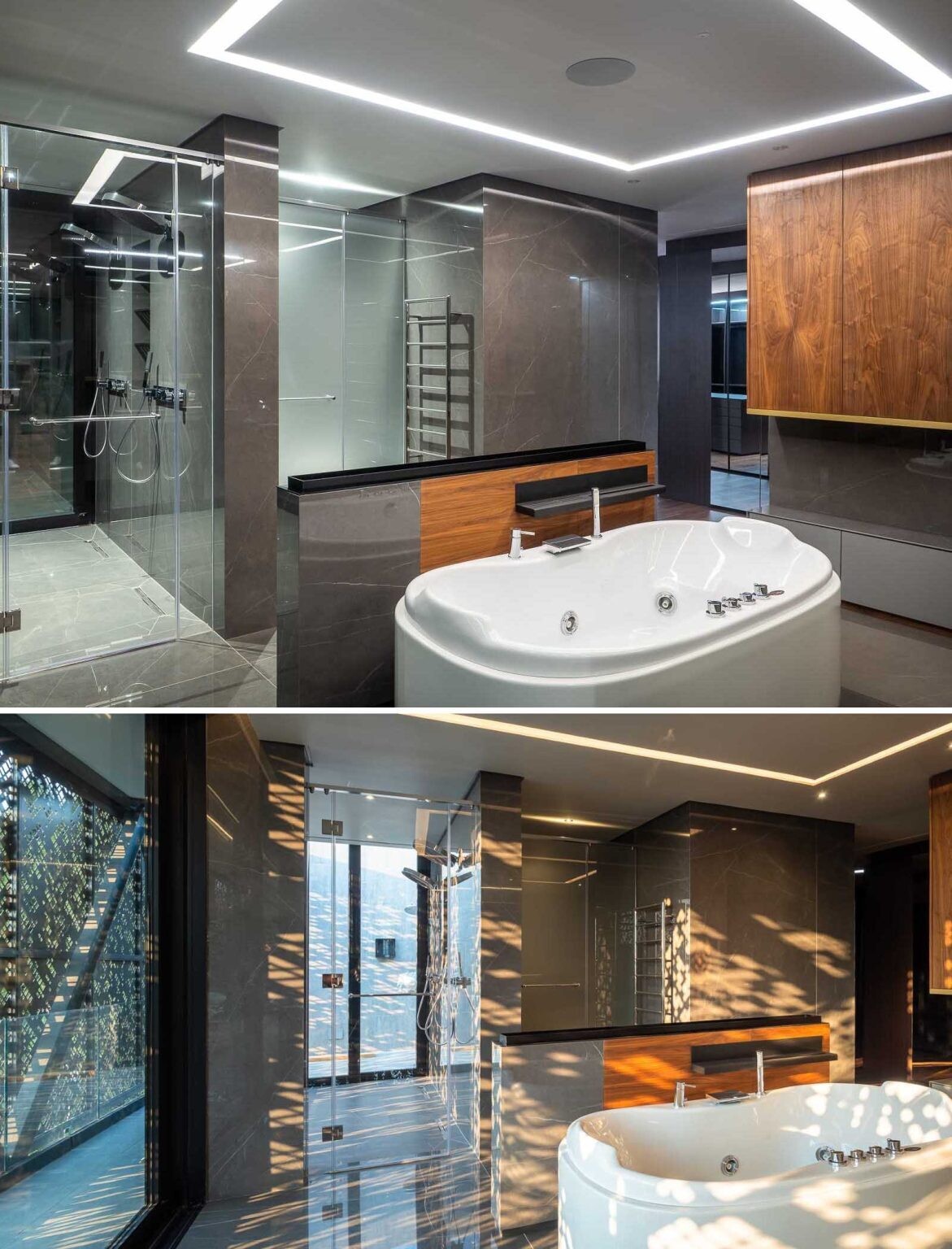 Integrated ceiling lighting in the primary bathroom and a backlit mirror in the guest bathroom add a refined touch to these contemporary spaces.