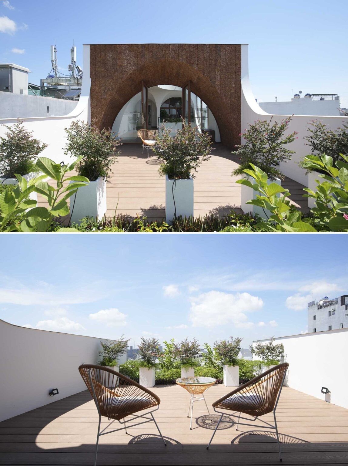A rooftop garden, curved skylight window, and outdoor seating area crown this narrow Vietnam home with a bright and relaxing upper level.