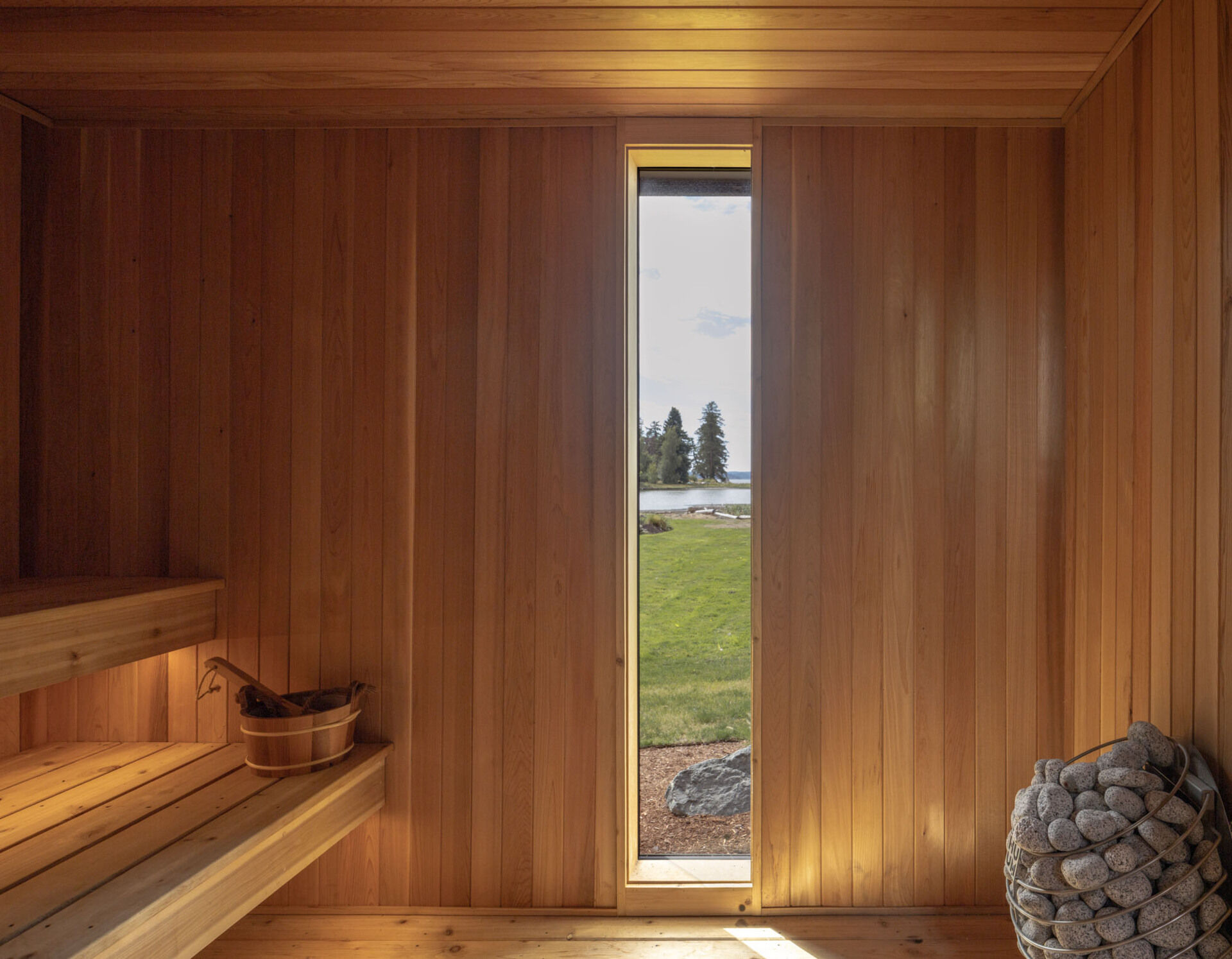 Inspired by Scandinavian traditions, the home's sauna adds a wellness-focused element to everyday living.