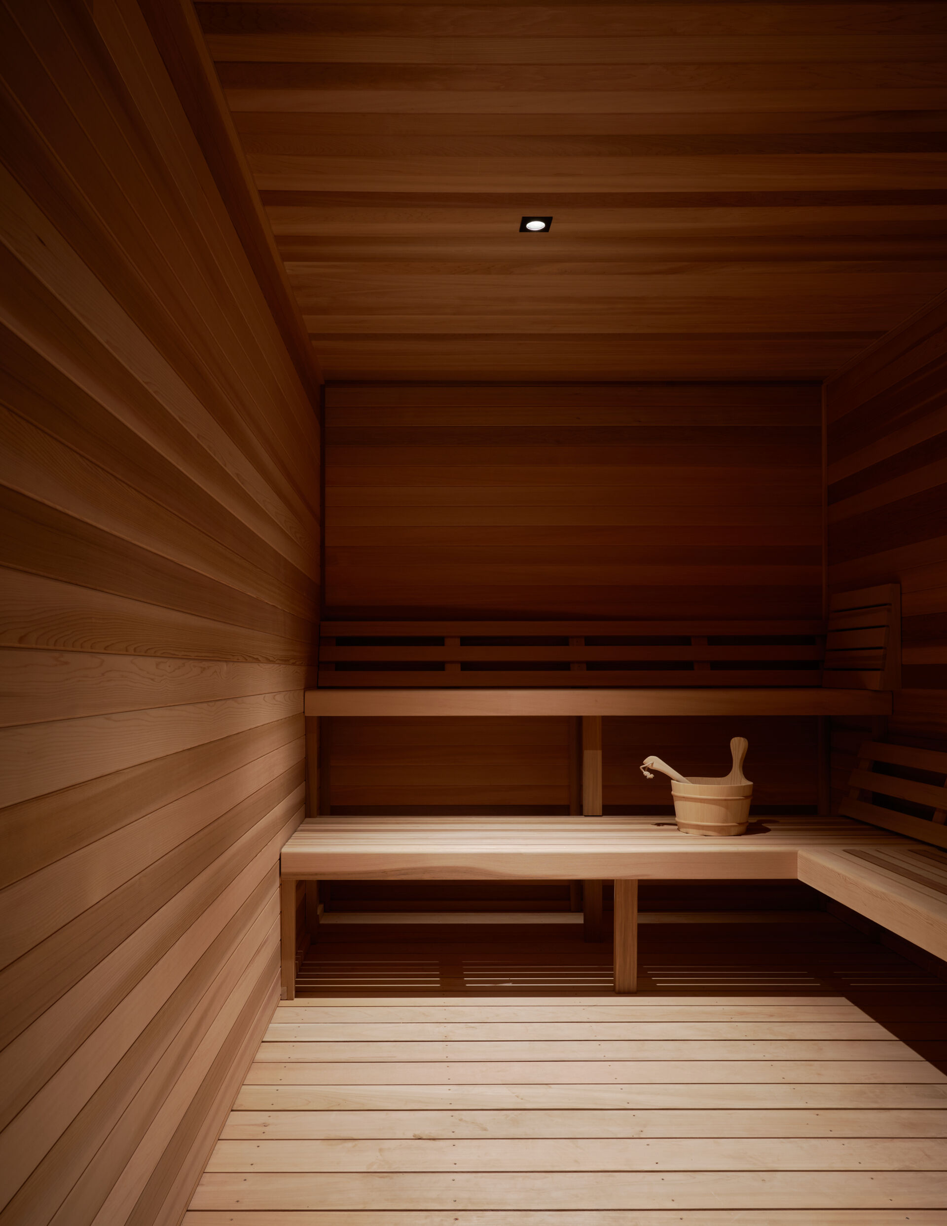 A modern wood sauna.