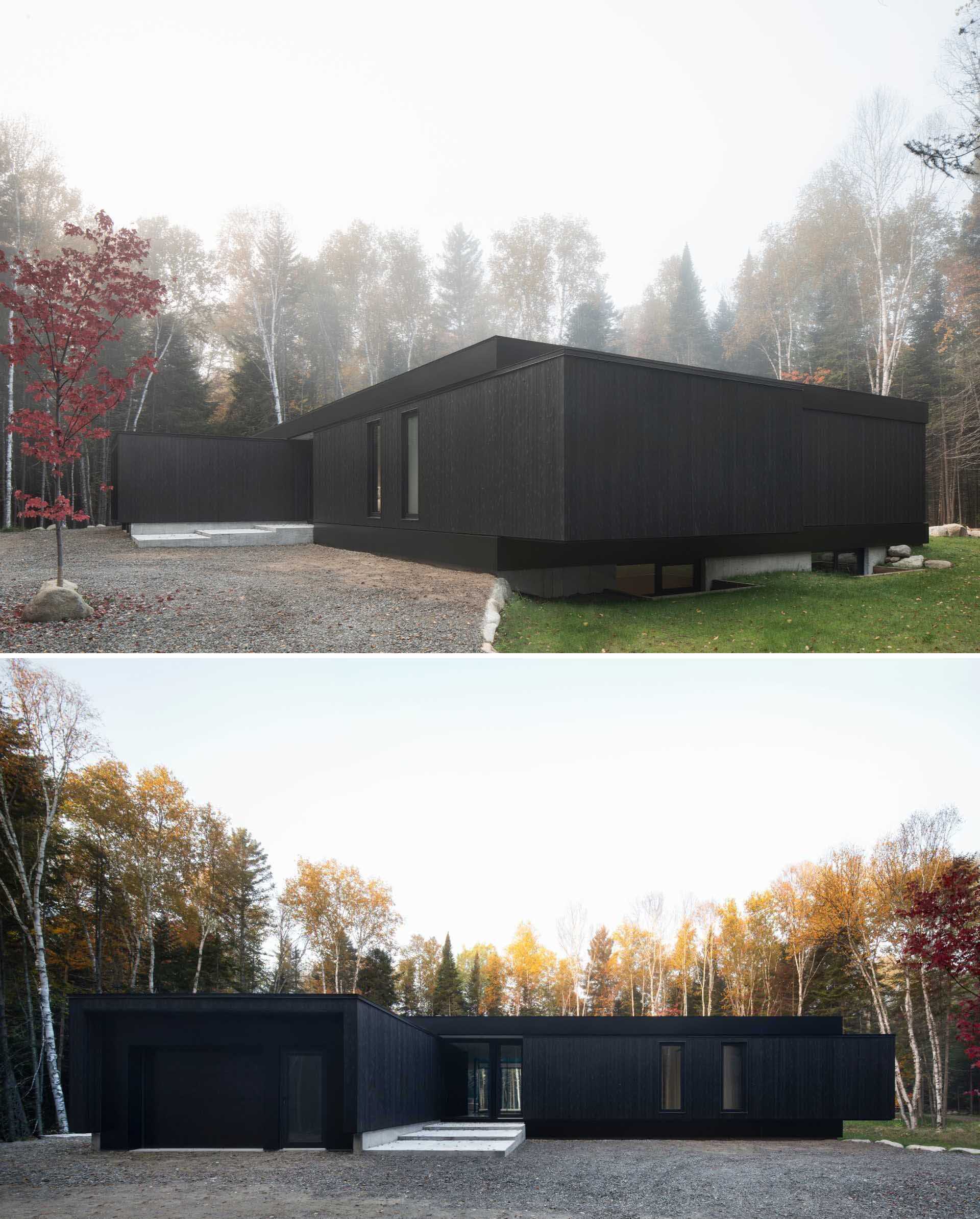 Apple Tree House is composed of clean box-like forms and glass walls, creating a strong connection between structure and surrounding forest.