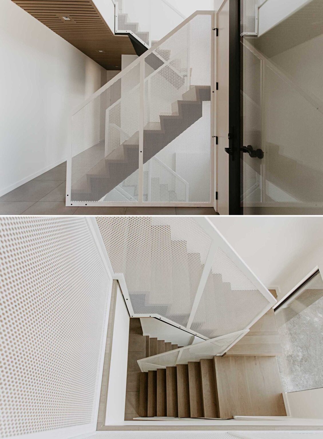 Floating timber stairs and perforated metal screens make every transition through this home feel visually striking.