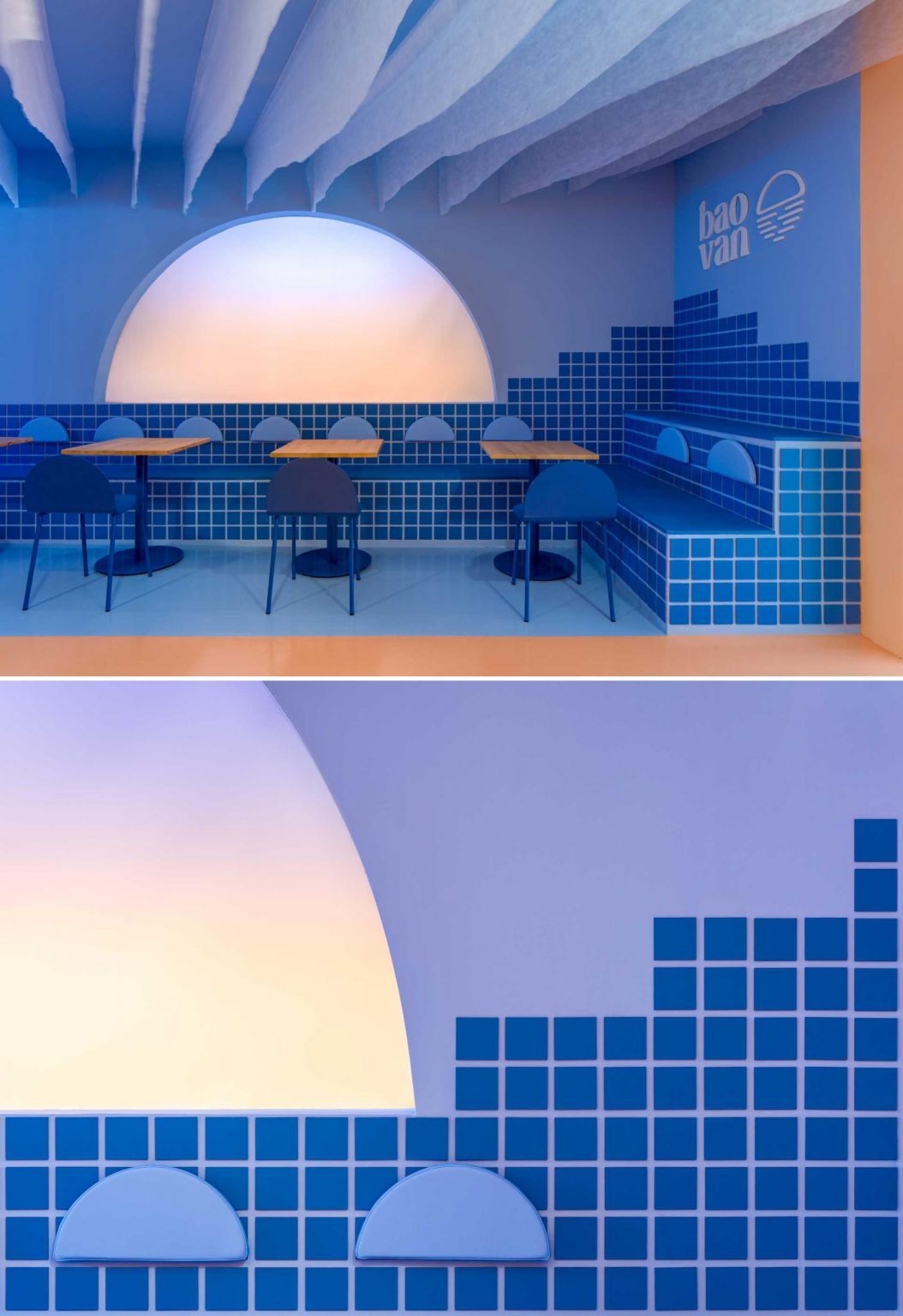 A dramatic half-moon screen programmed by Vitamin Studio recreates the changing colors of a sunset throughout dinner service. The immersive lighting installation turns Baovan into a restaurant where the atmosphere evolves as guests dine.