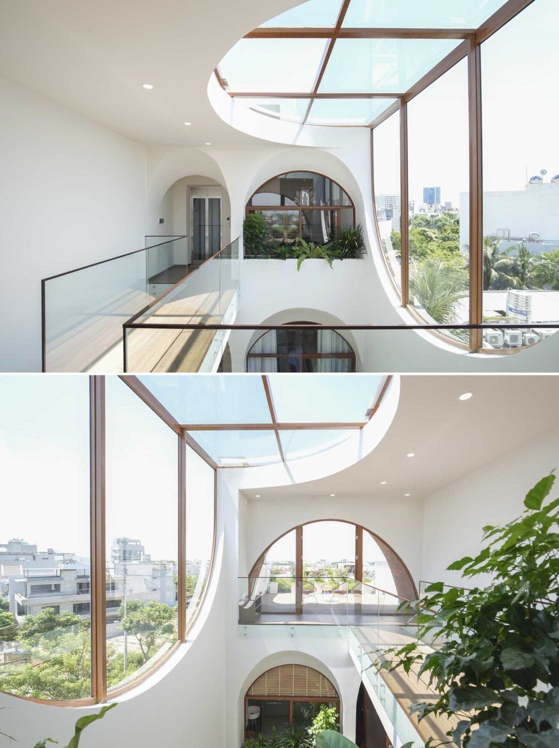 A rooftop garden, curved skylight window, and outdoor seating area crown this narrow Vietnam home with a bright and relaxing upper level.