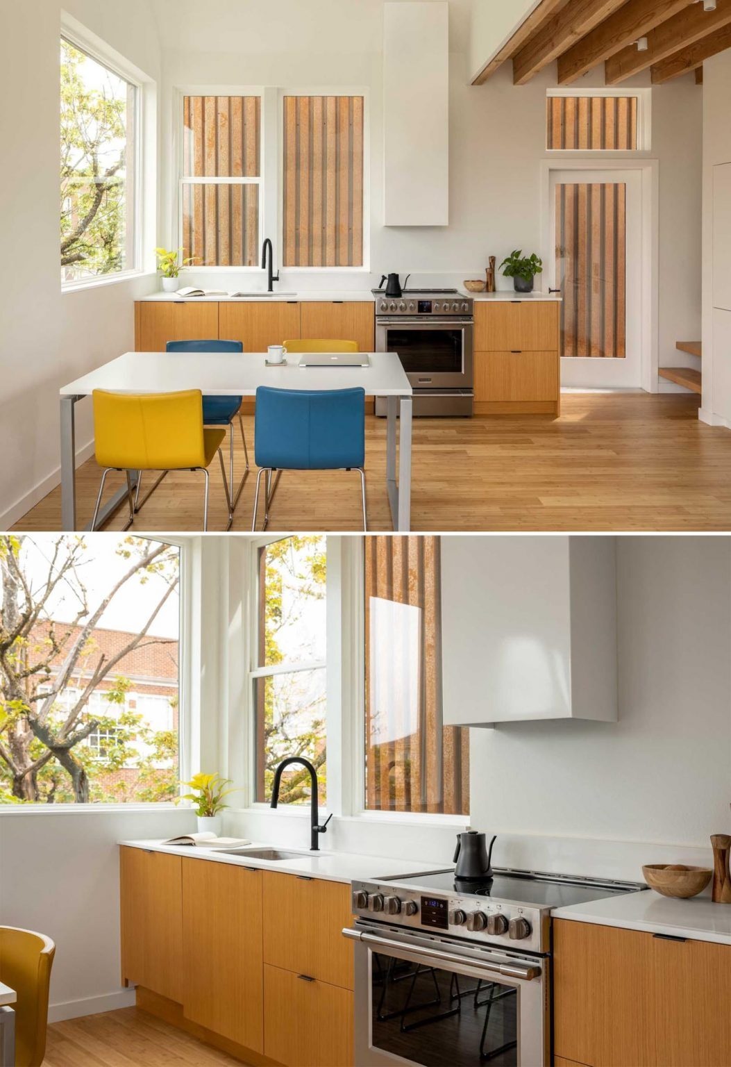 This townhouse pairs minimalist interiors with warm materials, colorful accents, and a dedicated music studio for creative pursuits.