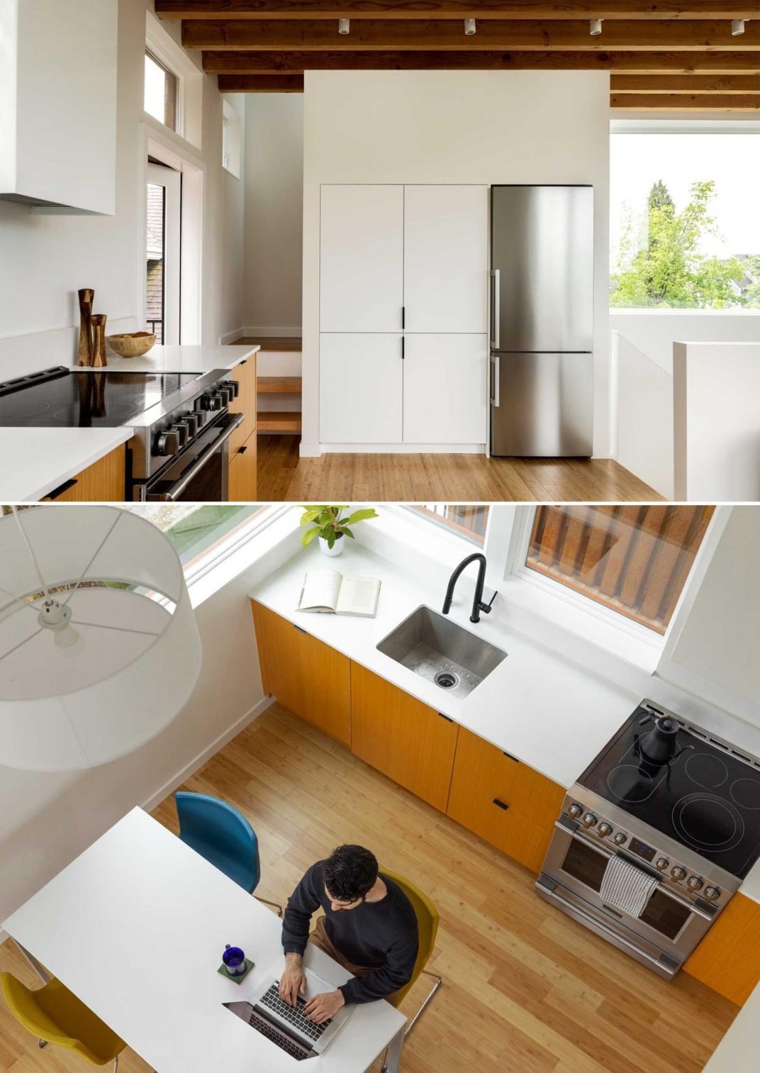 This townhouse pairs minimalist interiors with warm materials, colorful accents, and a dedicated music studio for creative pursuits.