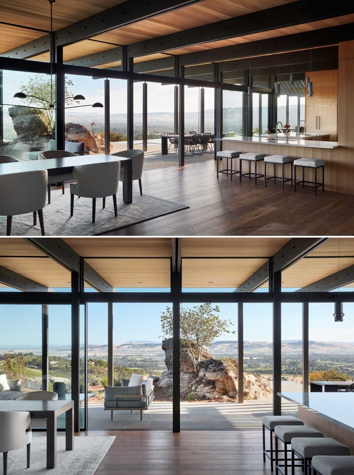 Exposed post and beam construction adds architectural character to the open-plan dining and living areas overlooking Sonoma Valley.