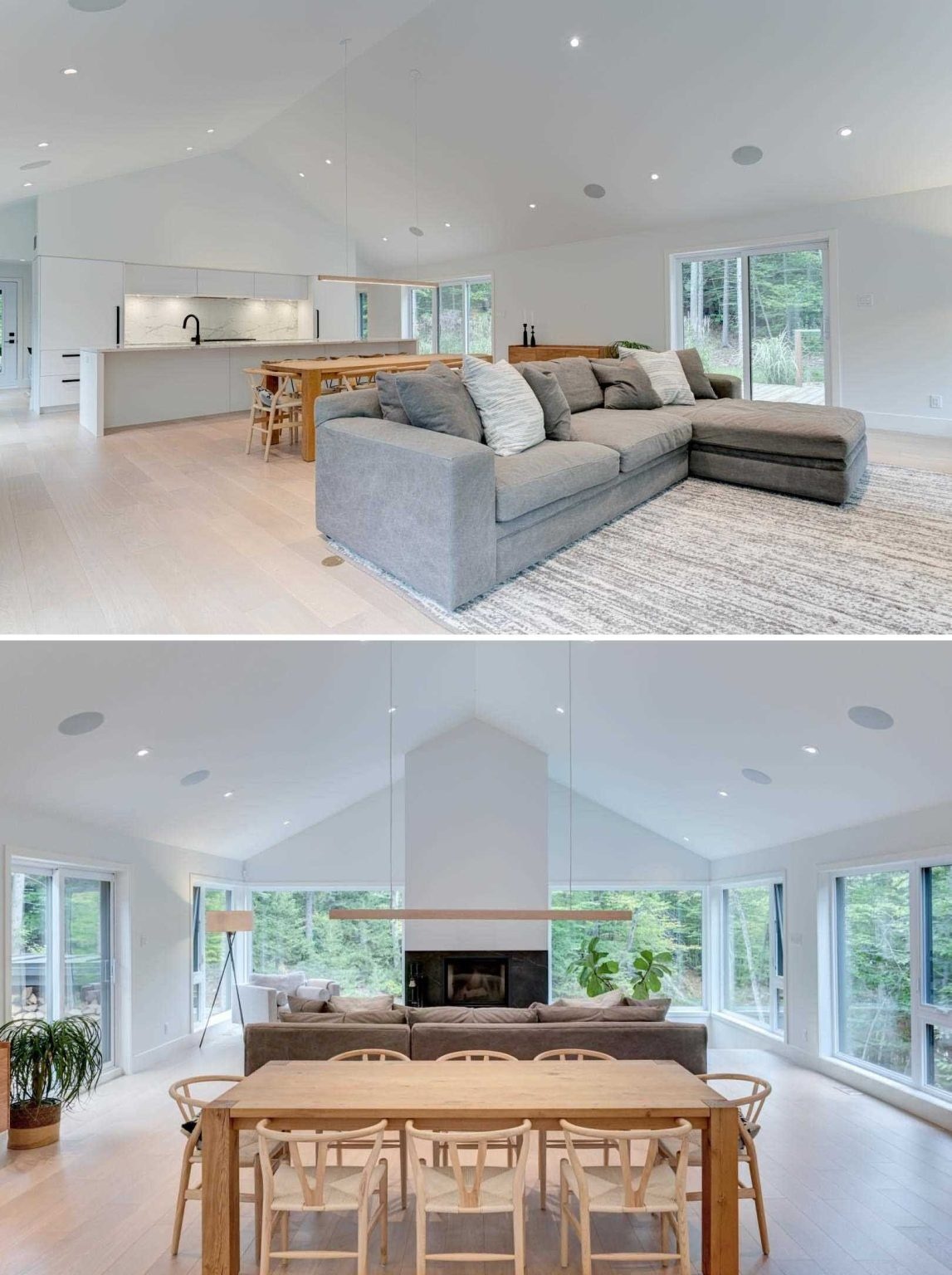 A warm wood dining table brings texture and character to the open-plan interior while connecting the living and kitchen spaces.