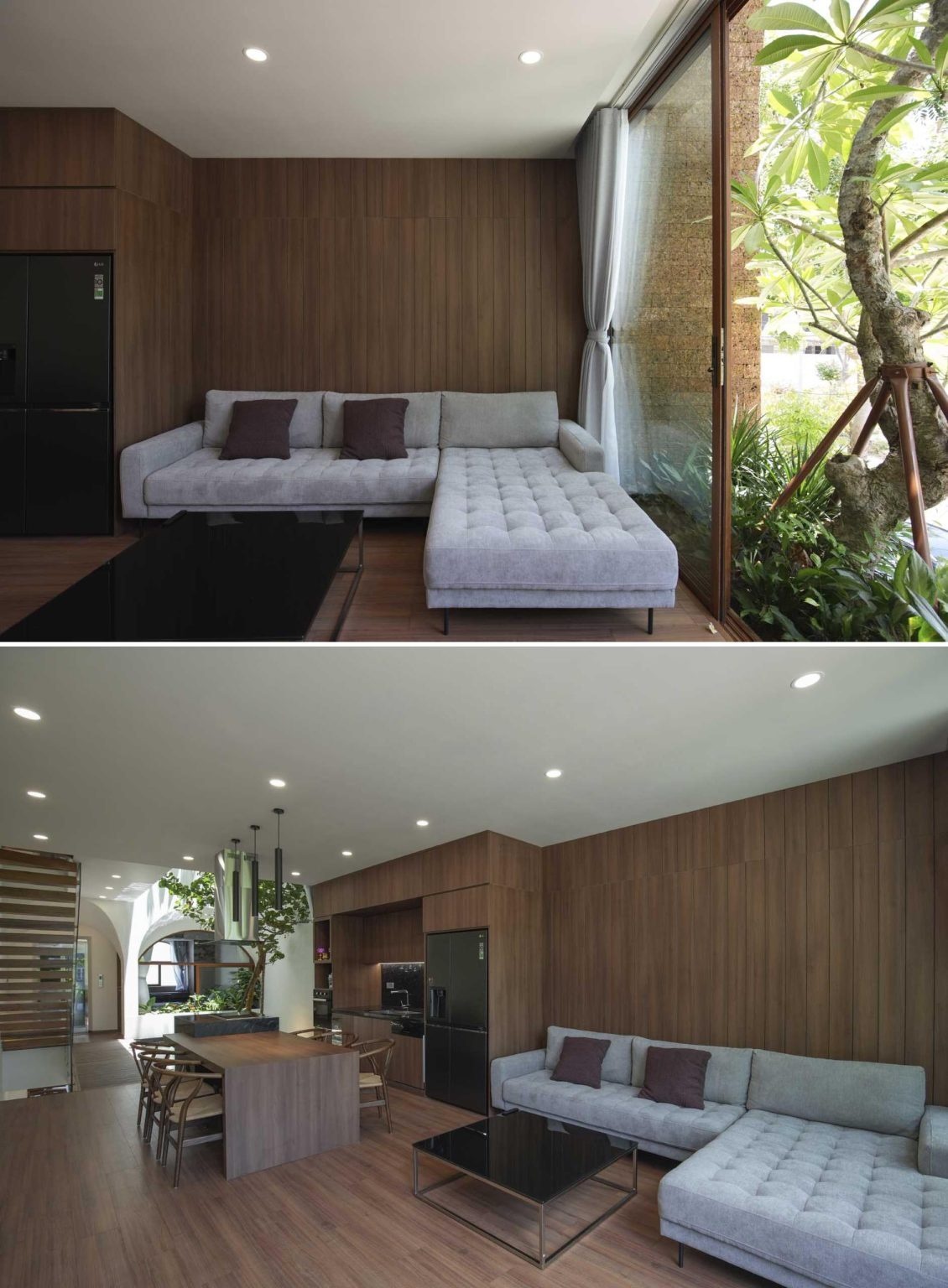 Wood finishes, indoor greenery, and an open-plan layout create warm and inviting living spaces inside this modern family home.