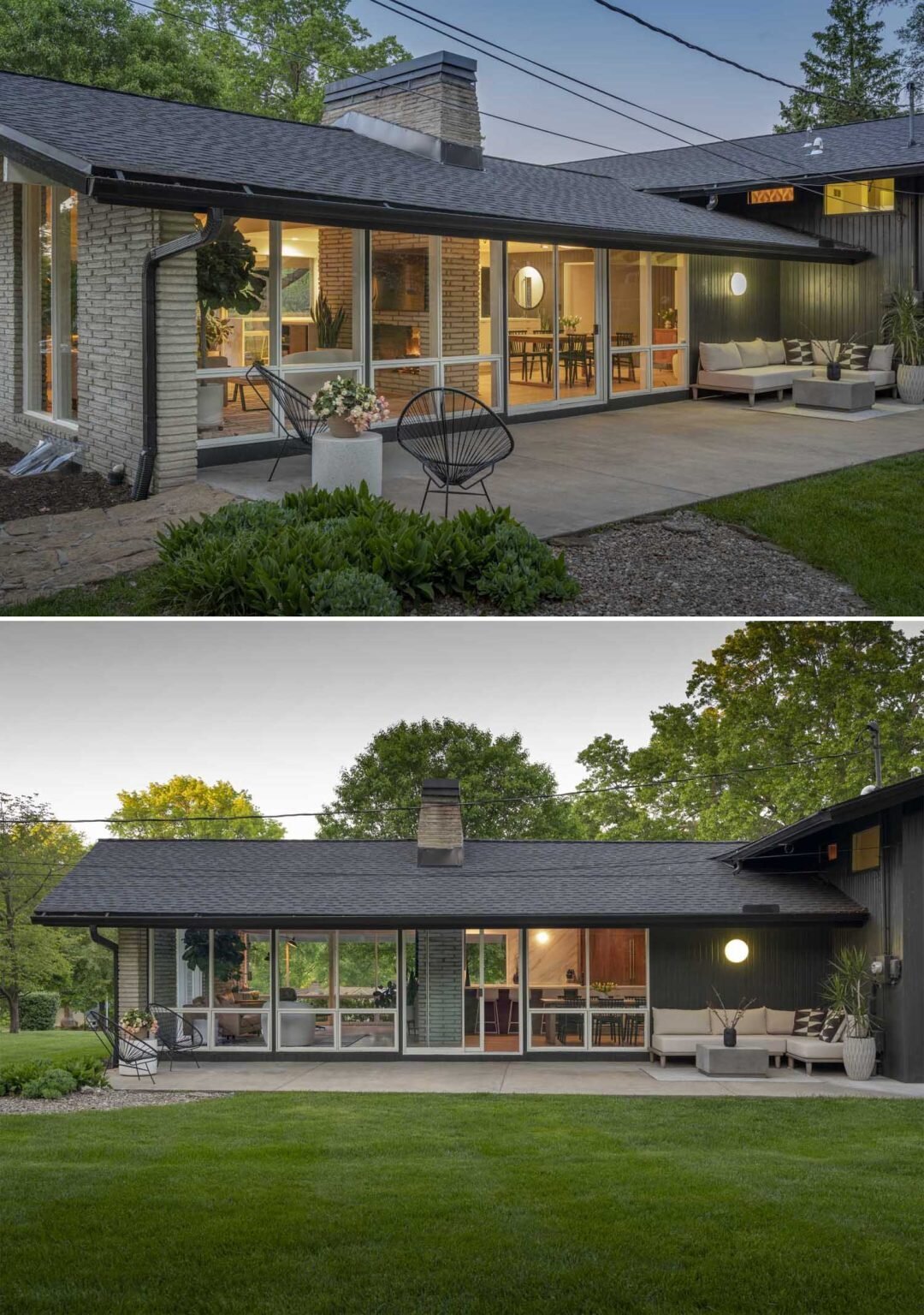 This Kansas City renovation begins with a striking dark exterior and a welcoming rear patio. Floor-to-ceiling windows connect indoor and outdoor spaces while highlighting the home's original mid-century architecture.