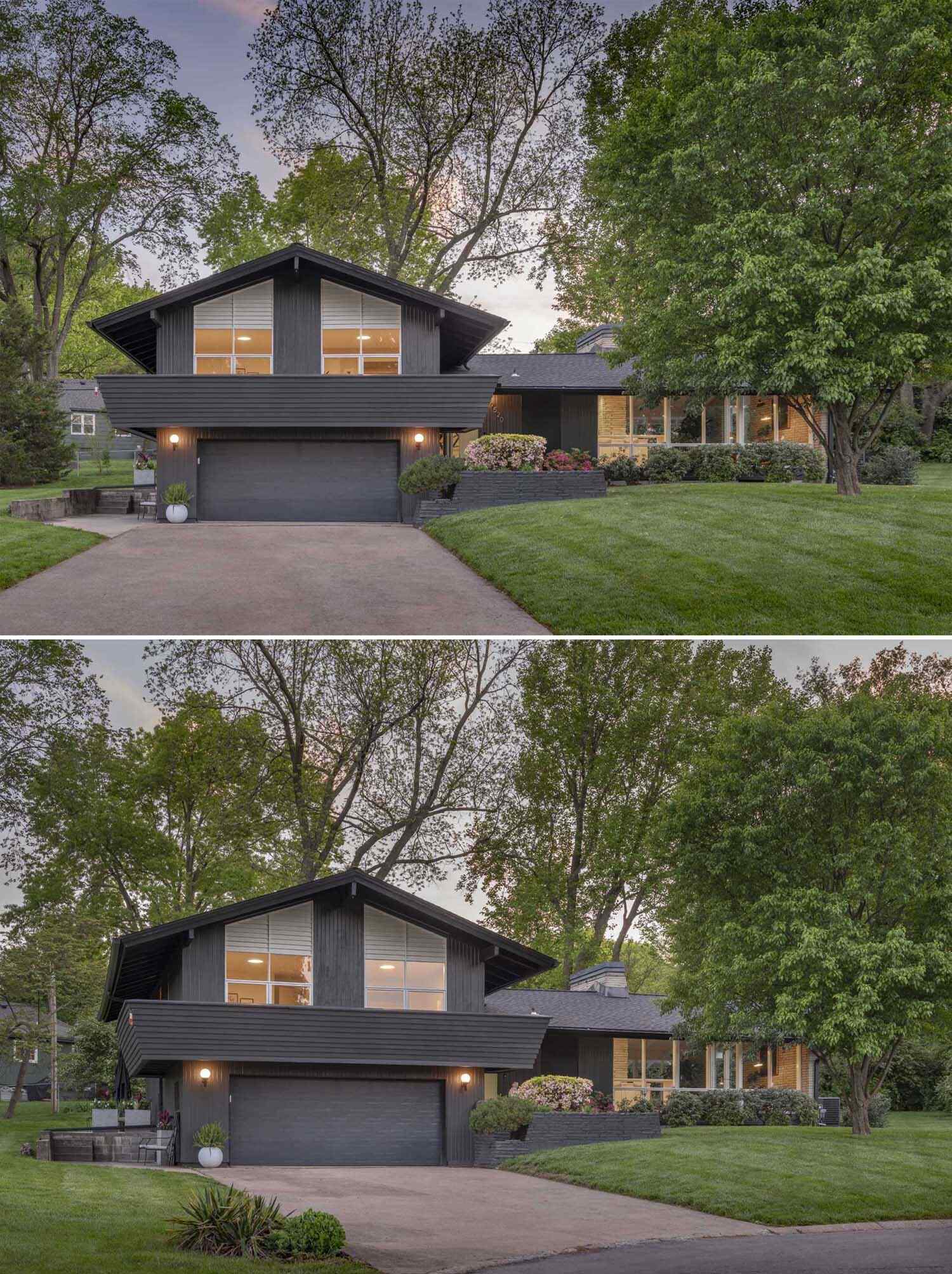 This Kansas City renovation begins with a striking dark exterior and a welcoming rear patio. Floor-to-ceiling windows connect indoor and outdoor spaces while highlighting the home's original mid-century architecture.