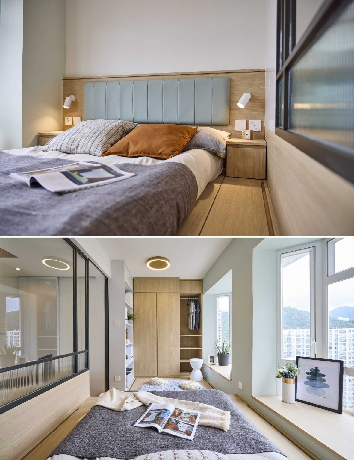 Raised wood platforms, integrated bedside tables, plant displays, and built-in storage create a warm and practical bedroom that makes the most of every inch.
