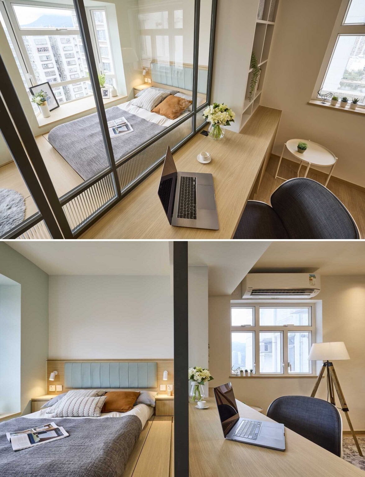 A black-framed glass wall separates the bedroom while allowing sunlight to flow throughout the apartment. A simple design feature with a big impact on openness.