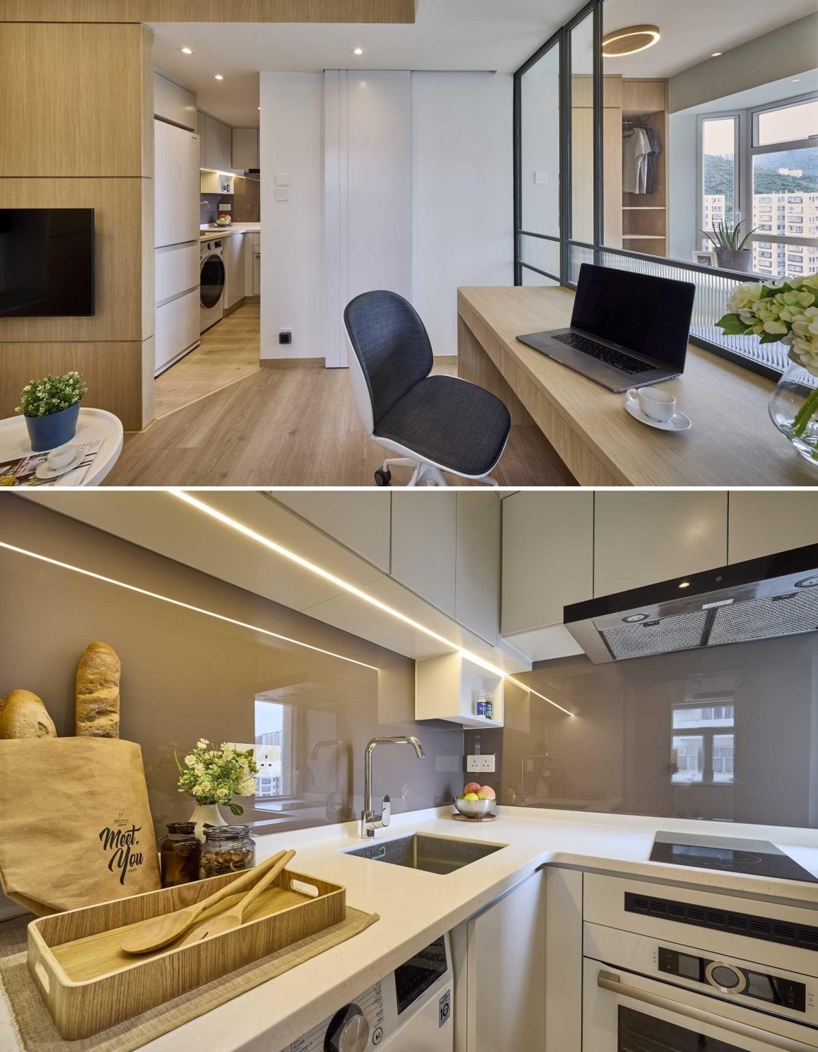 Tucked into an alcove, this minimalist kitchen combines white cabinetry, a grey backsplash, and integrated appliances for a clean and efficient design.