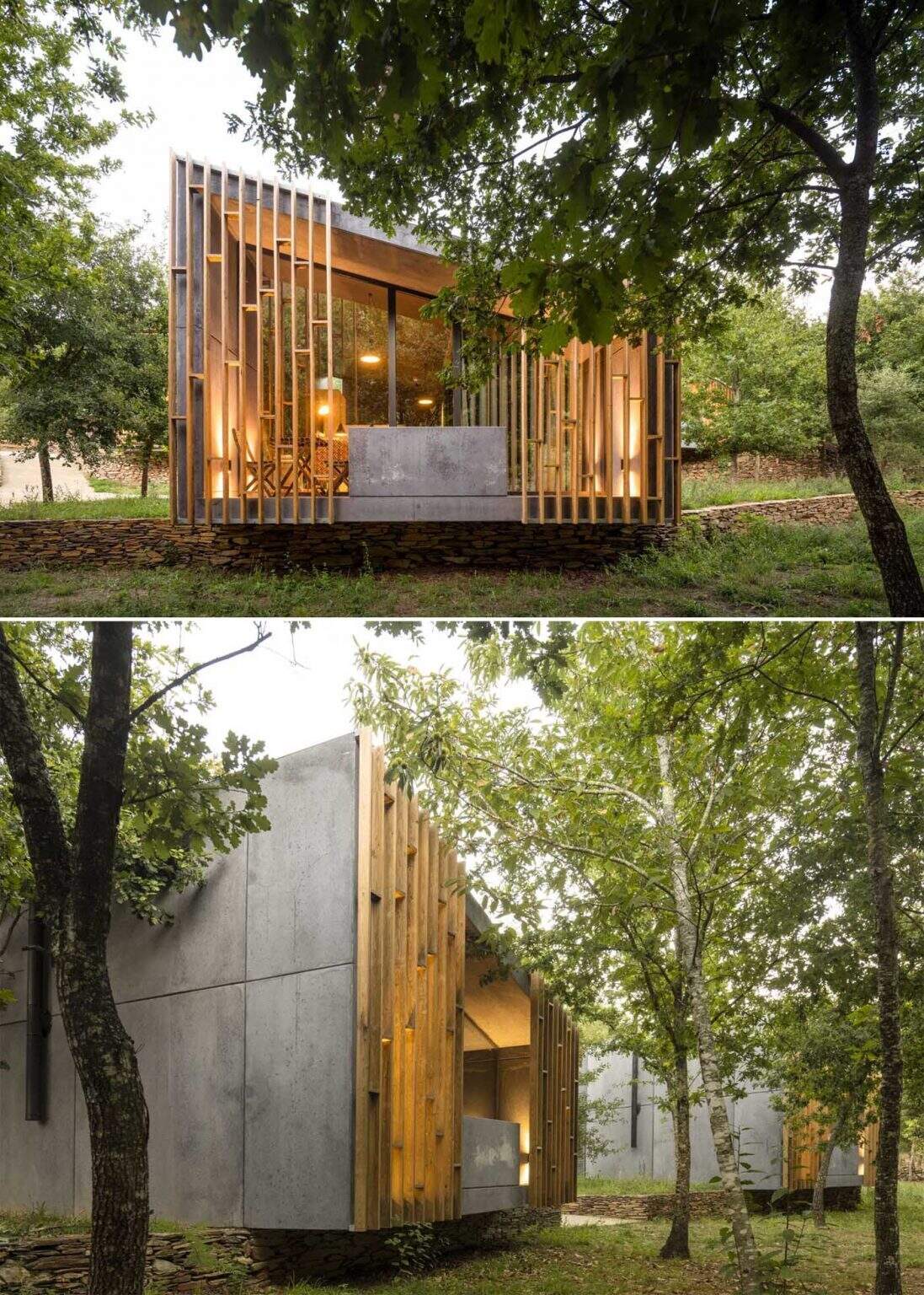 Raw concrete structures paired with vertical timber screens give these forest cabins a distinctive contemporary appearance. The timber elements provide privacy, shade, and filtered views while helping the buildings blend into the landscape.