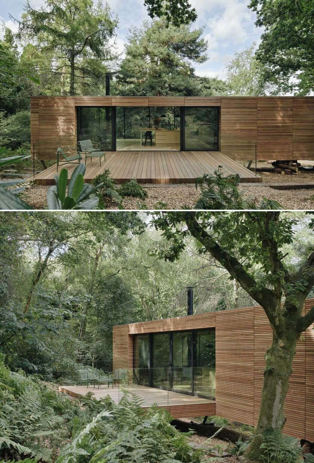 A narrow woodland path leads to this hidden holiday lodge, where generous terraces and floor-to-ceiling glazing create a memorable arrival surrounded by trees.