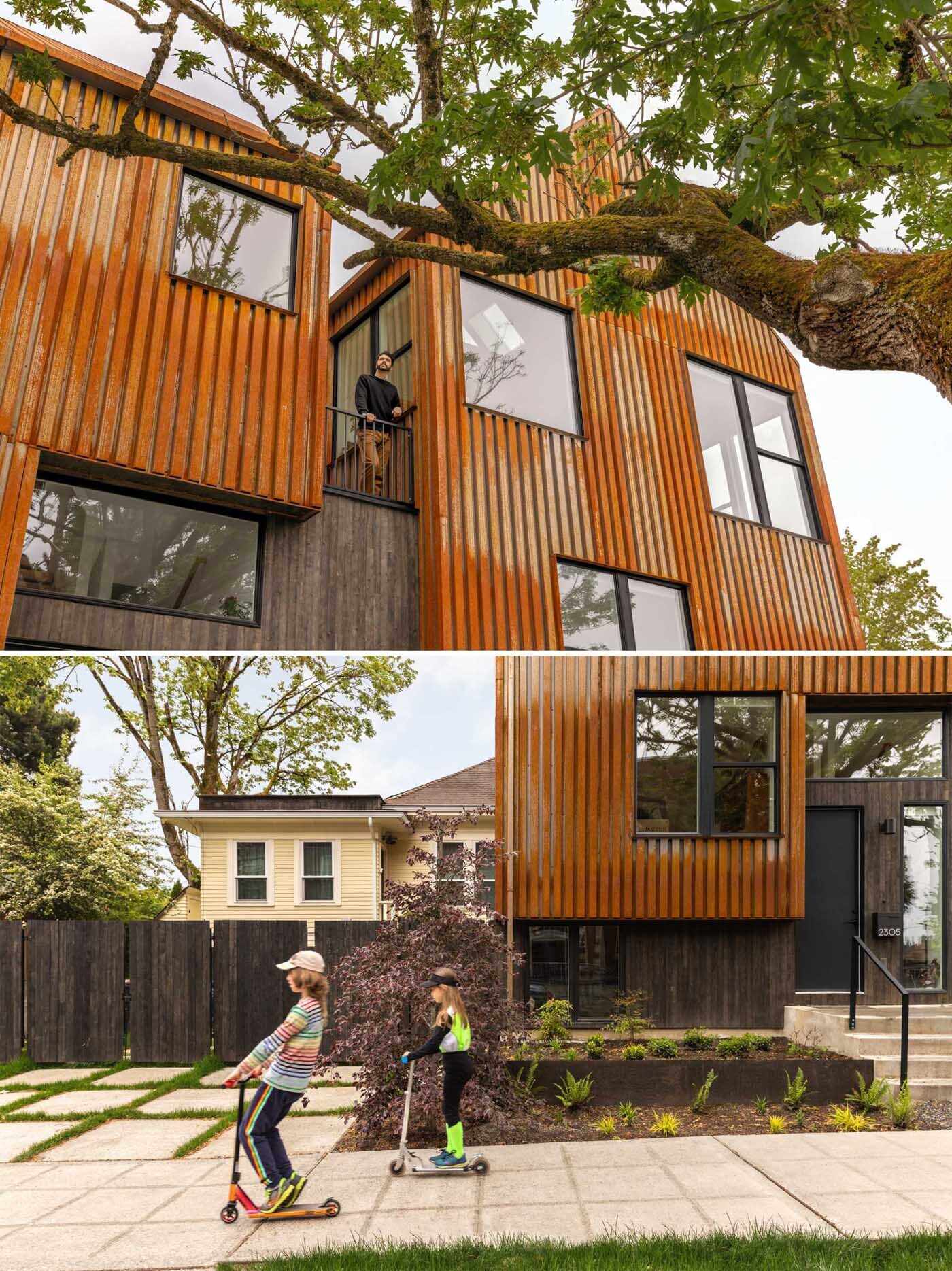 Weathered corten steel, oversized windows, and a dramatic roofline give this Seattle townhouse a striking presence while drawing inspiration from local architecture.
