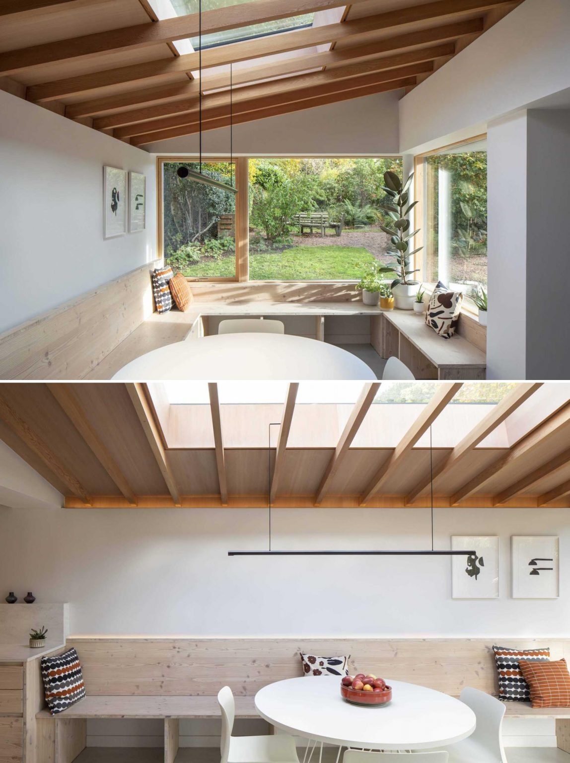 The standout feature of Origami House is its custom Douglas fir window seat. Wrapping around the extension in a generous U-shape, the built-in bench frames garden views, extends into the dining area, and continues toward the kitchen cabinetry.