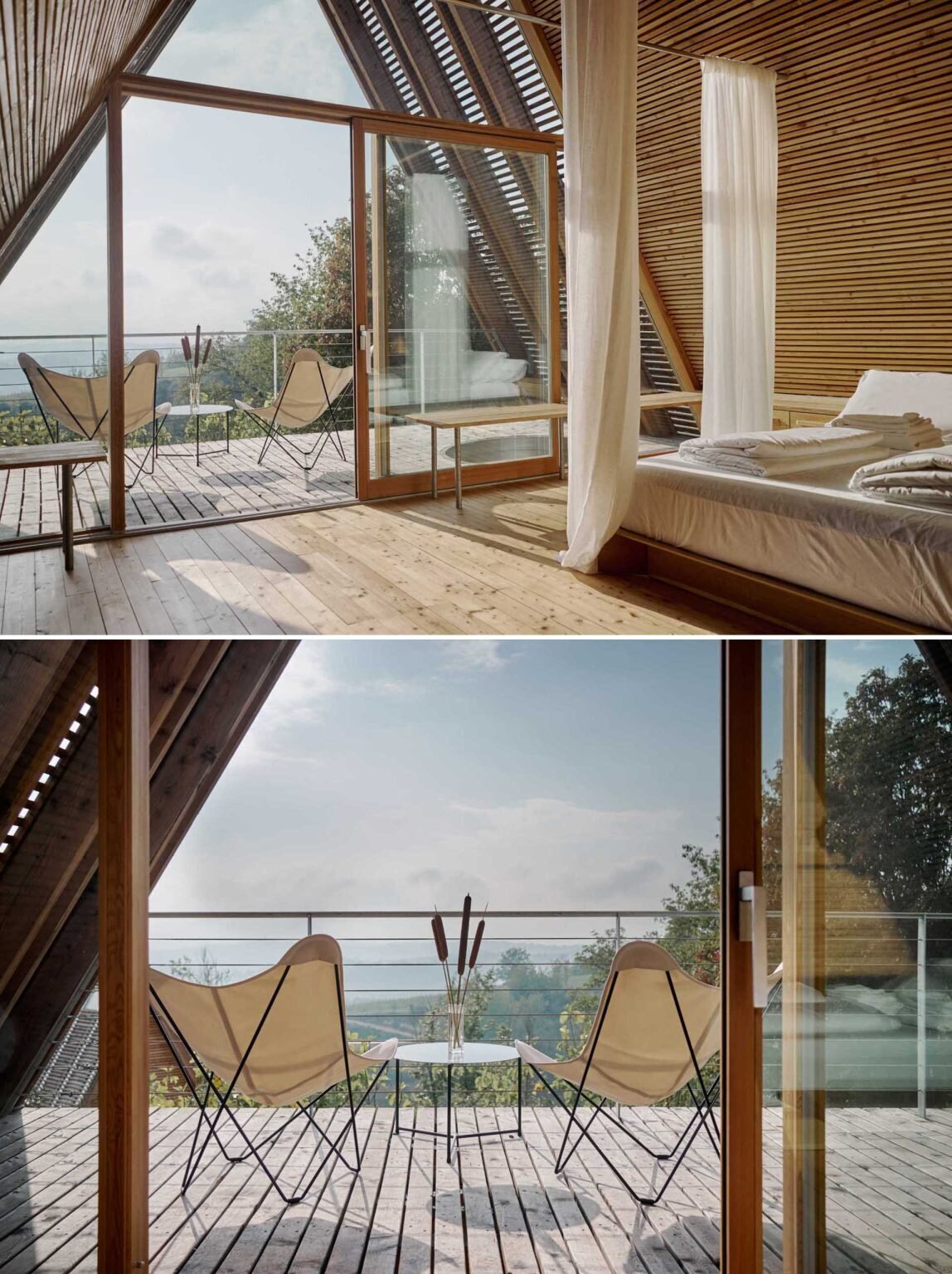 Step inside these light-filled cabins where sliding glass walls and an open layout make every space feel connected to the surrounding landscape.
