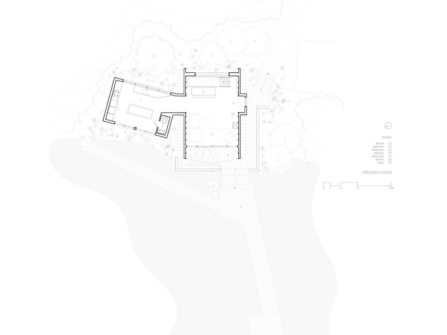 The floor plans reveal how the renovation makes the most of the cabin's compact footprint while preserving the character of the original A-frame.