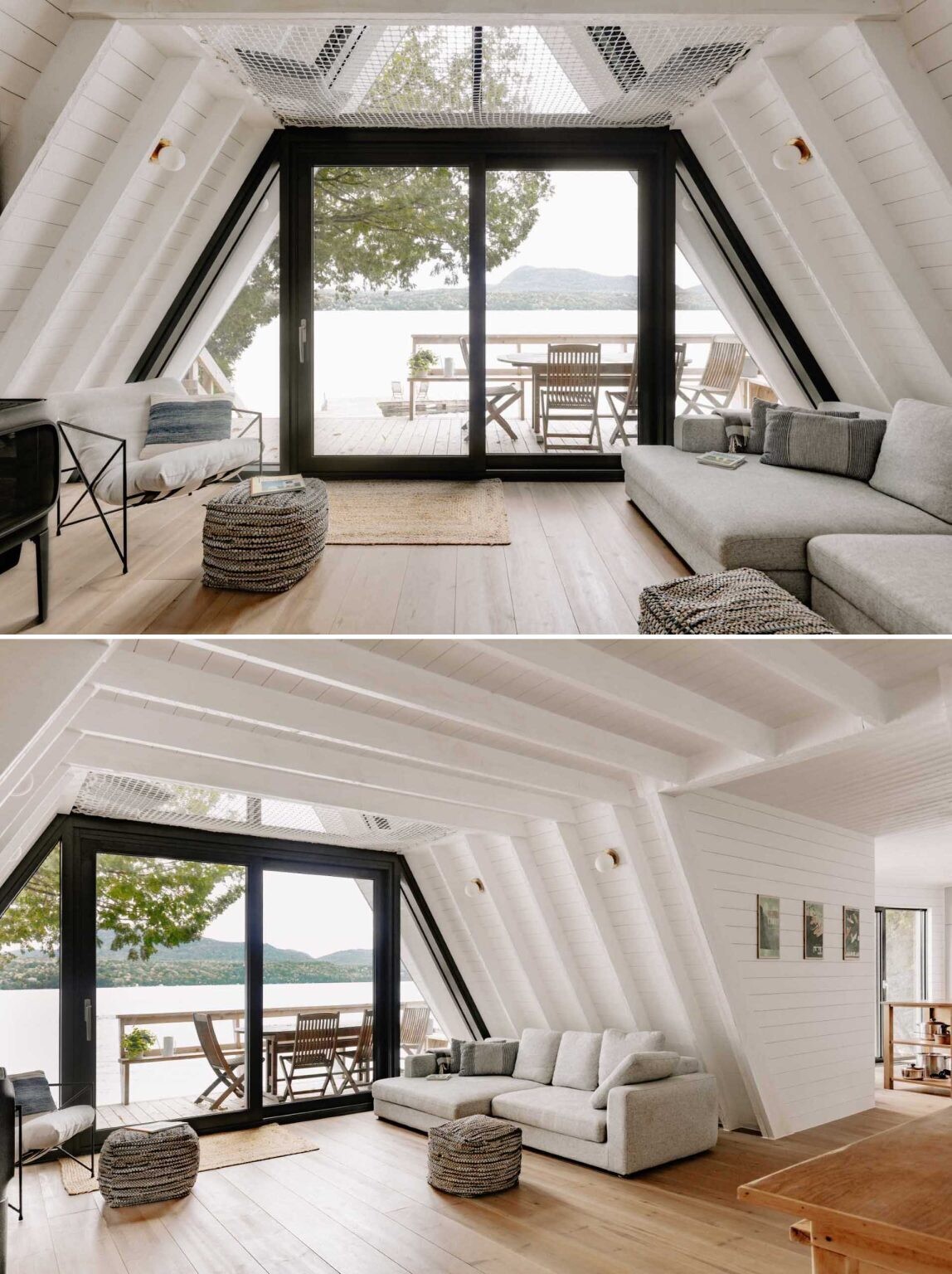 Vaulted ceilings, panoramic lake views and built-in seating make this open living and dining space both beautiful and practical for everyday use.