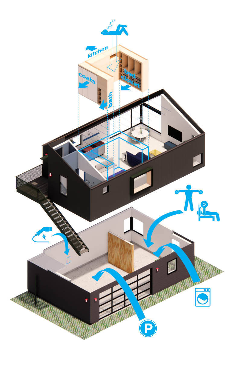 Floor plans reveal the clever organisation behind this compact Seattle garage conversion.