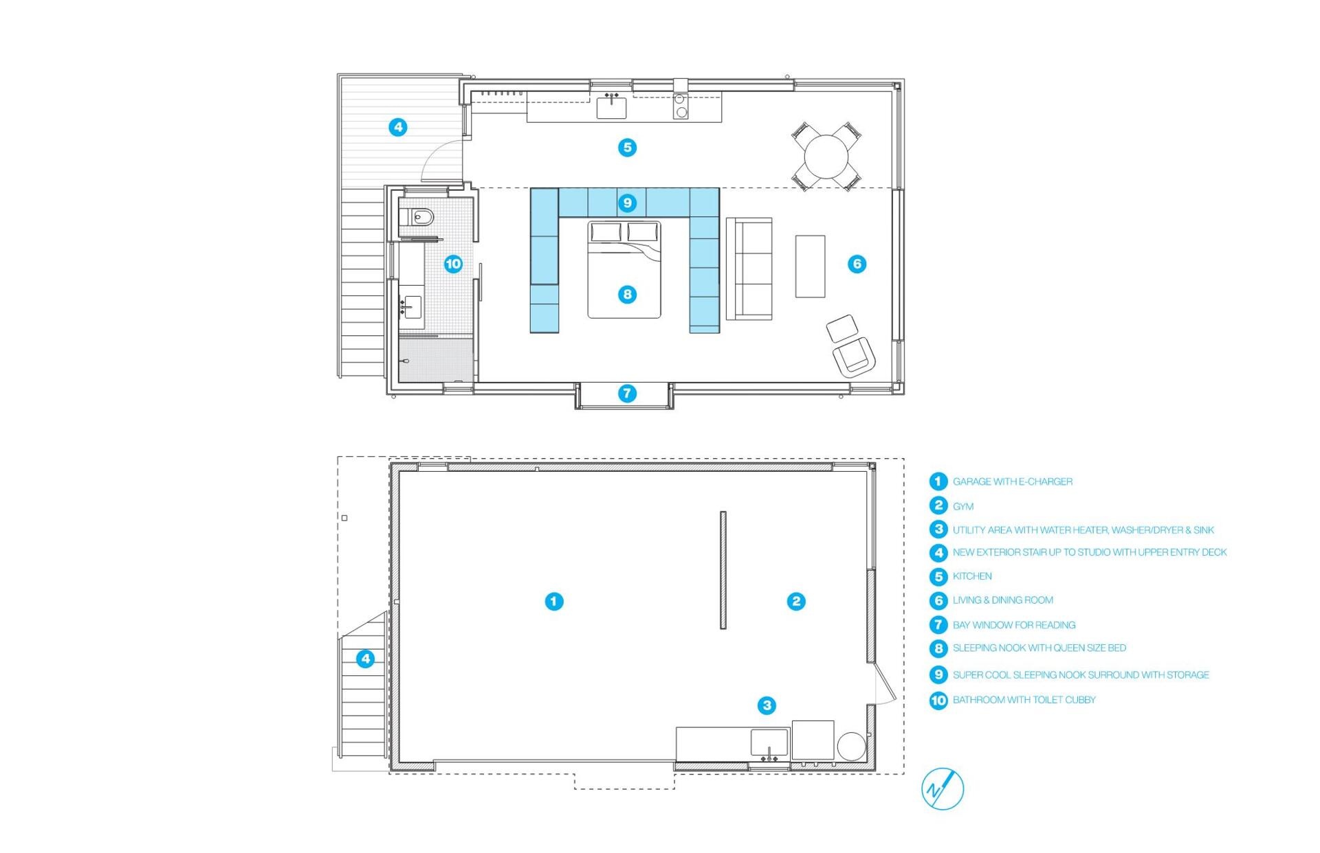 Floor plans reveal the clever organisation behind this compact Seattle garage conversion.