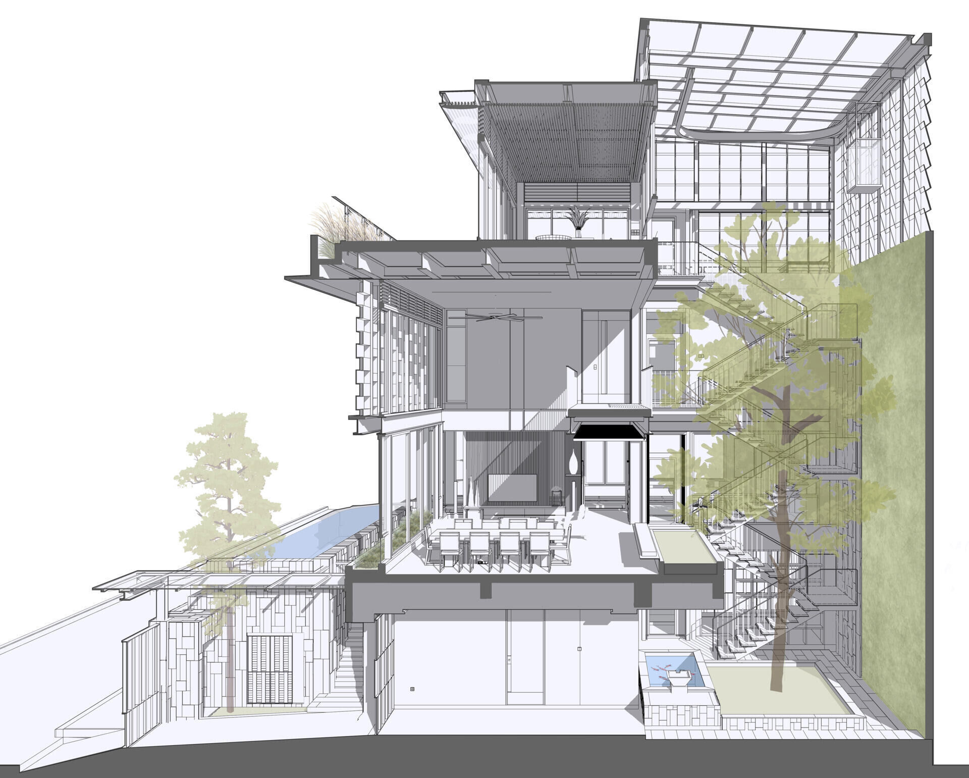 Architectural plans reveal how the courtyard, pool and elevated living spaces work together to shape this Jakarta home.