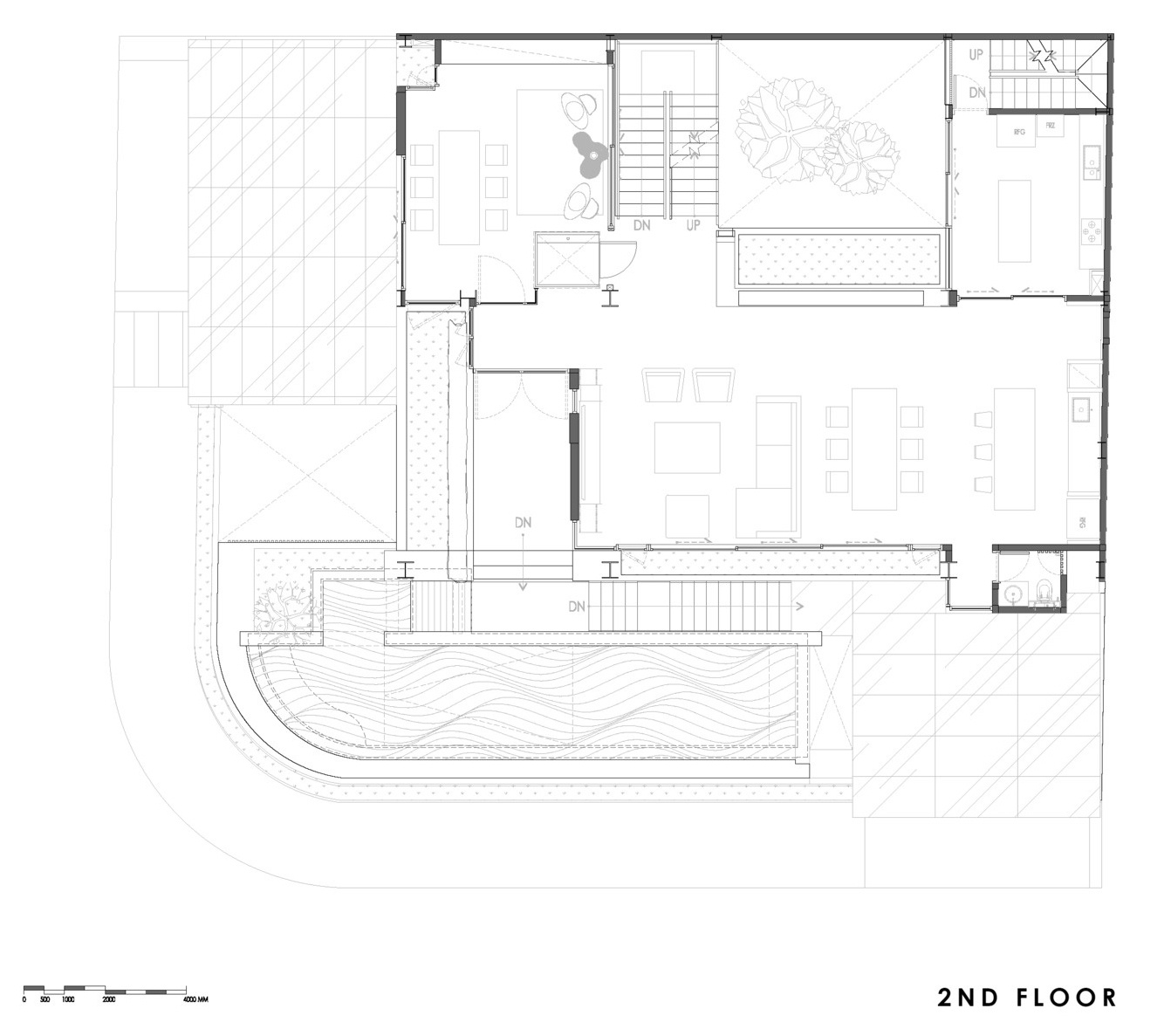 Architectural plans reveal how the courtyard, pool and elevated living spaces work together to shape this Jakarta home.
