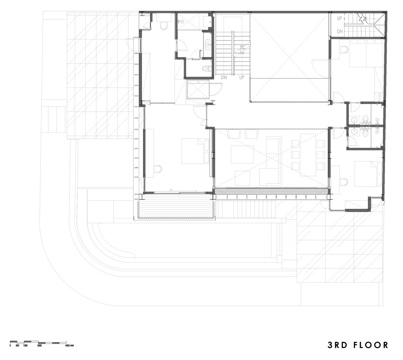 Architectural plans reveal how the courtyard, pool and elevated living spaces work together to shape this Jakarta home.