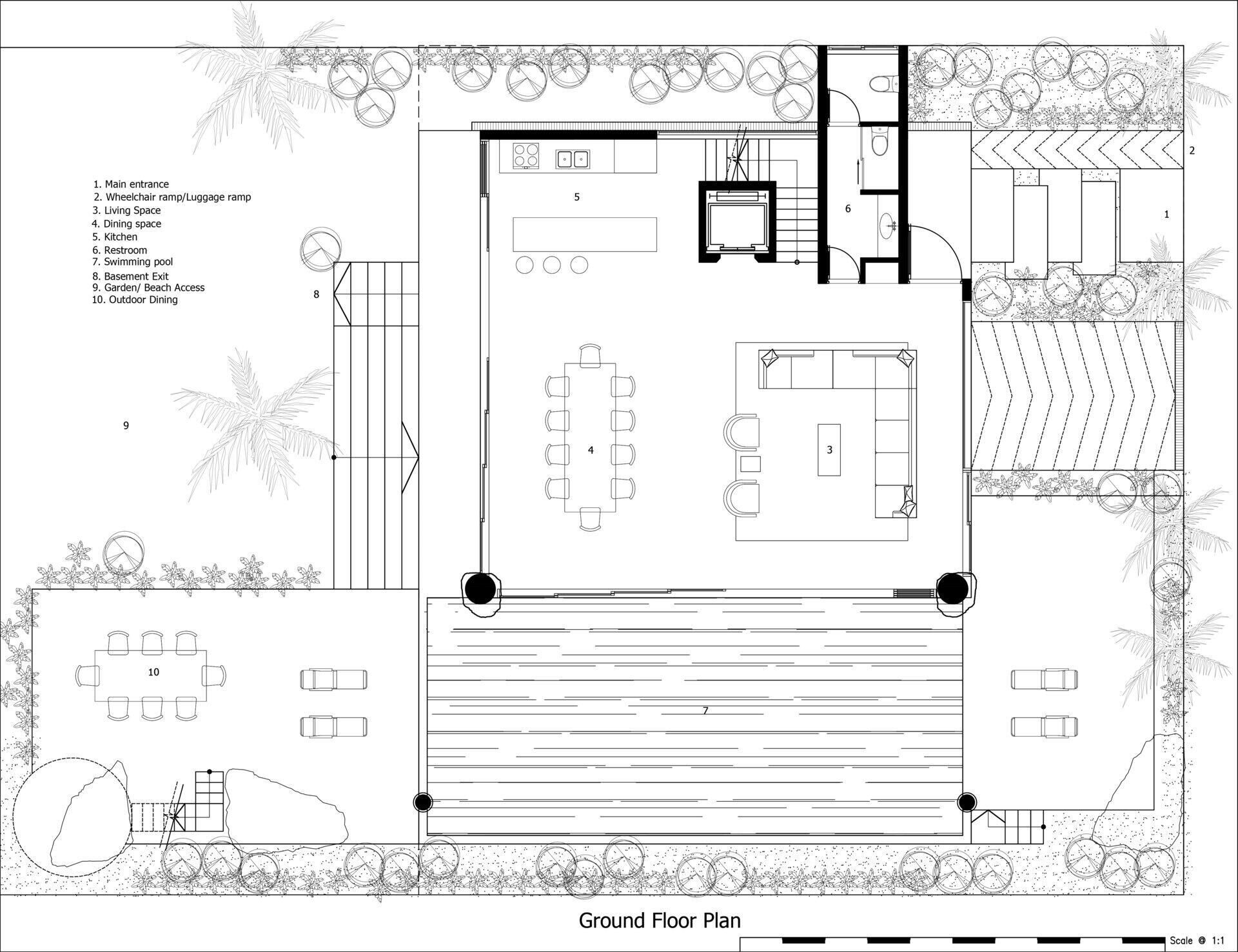 Explore the architectural drawings of TH Villa Hoi An to see how the basement, open-plan living spaces, guest suites and striking pitched roof come together in this thoughtfully organised beachfront home.