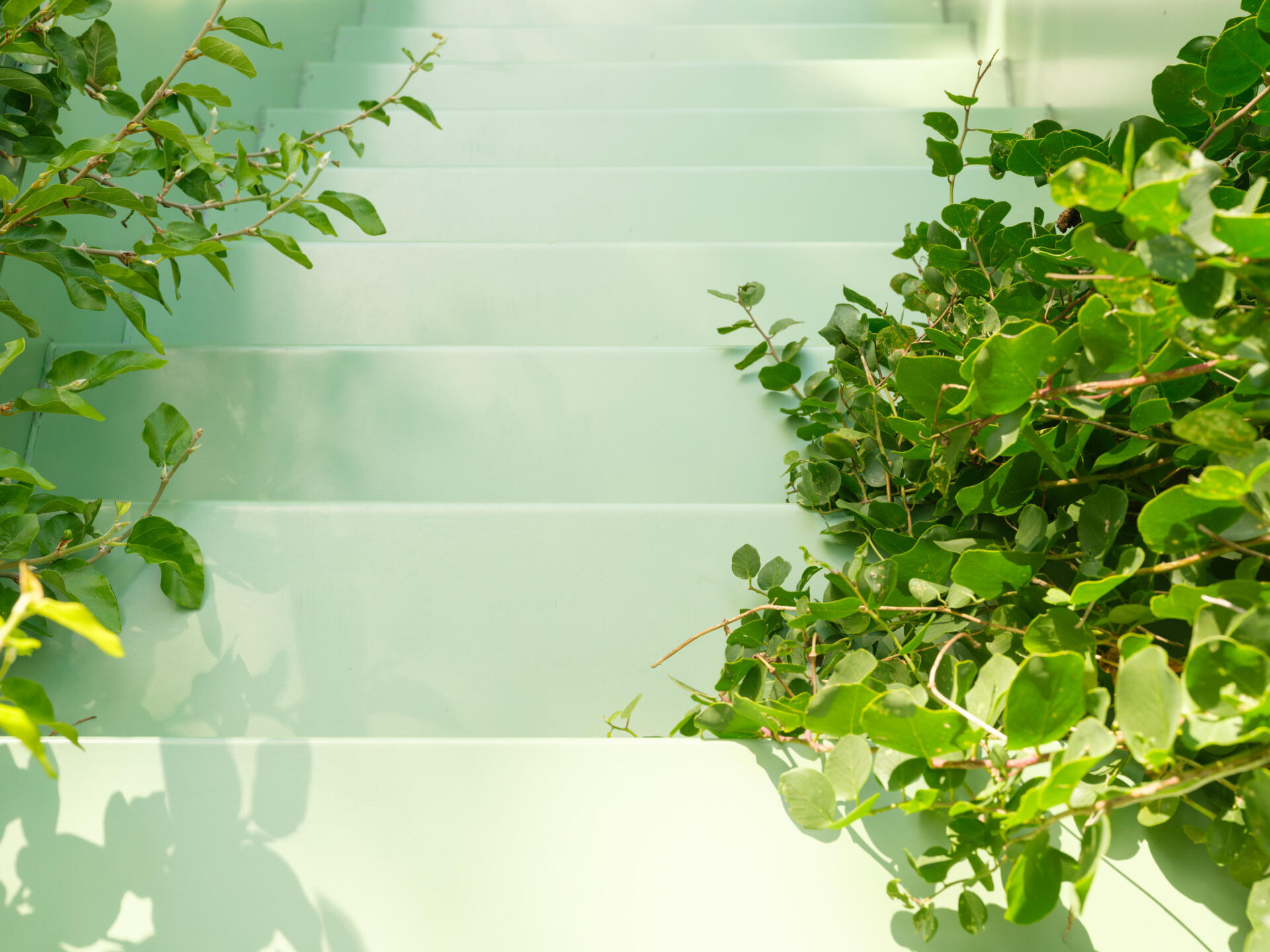 This sculptural powder-coated steel staircase transforms a simple garden path into an architectural feature with beautiful changing views.