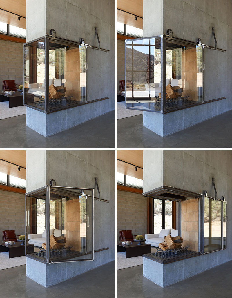 Discover the glass-wrapped fireplace that links the home's living spaces while opening completely to the outdoors.