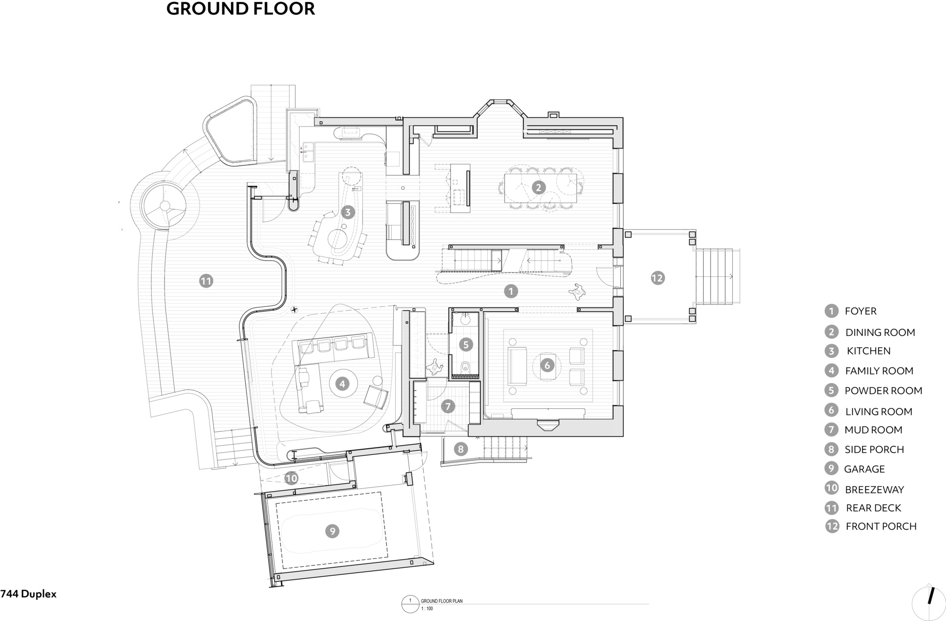 Site and floor plans reveal how the historic house, curved glass addition, deck, and pool are organized across the Toronto property.