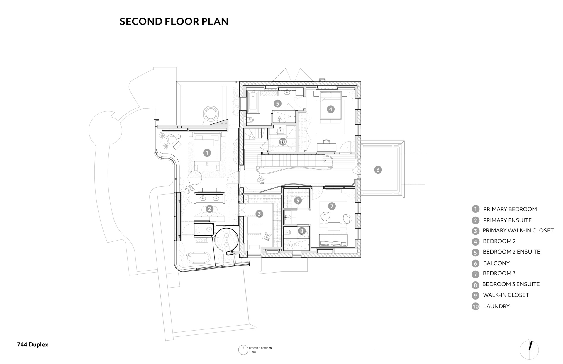 Site and floor plans reveal how the historic house, curved glass addition, deck, and pool are organized across the Toronto property.