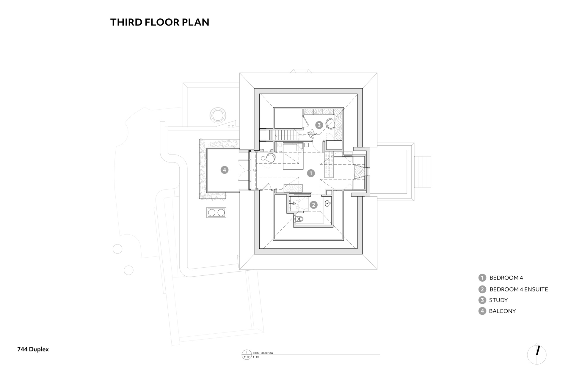Site and floor plans reveal how the historic house, curved glass addition, deck, and pool are organized across the Toronto property.