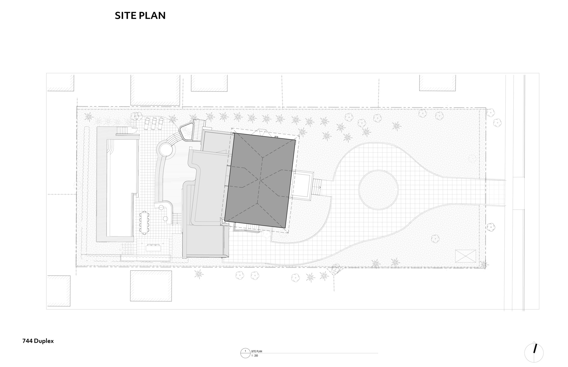 Site and floor plans reveal how the historic house, curved glass addition, deck, and pool are organized across the Toronto property.