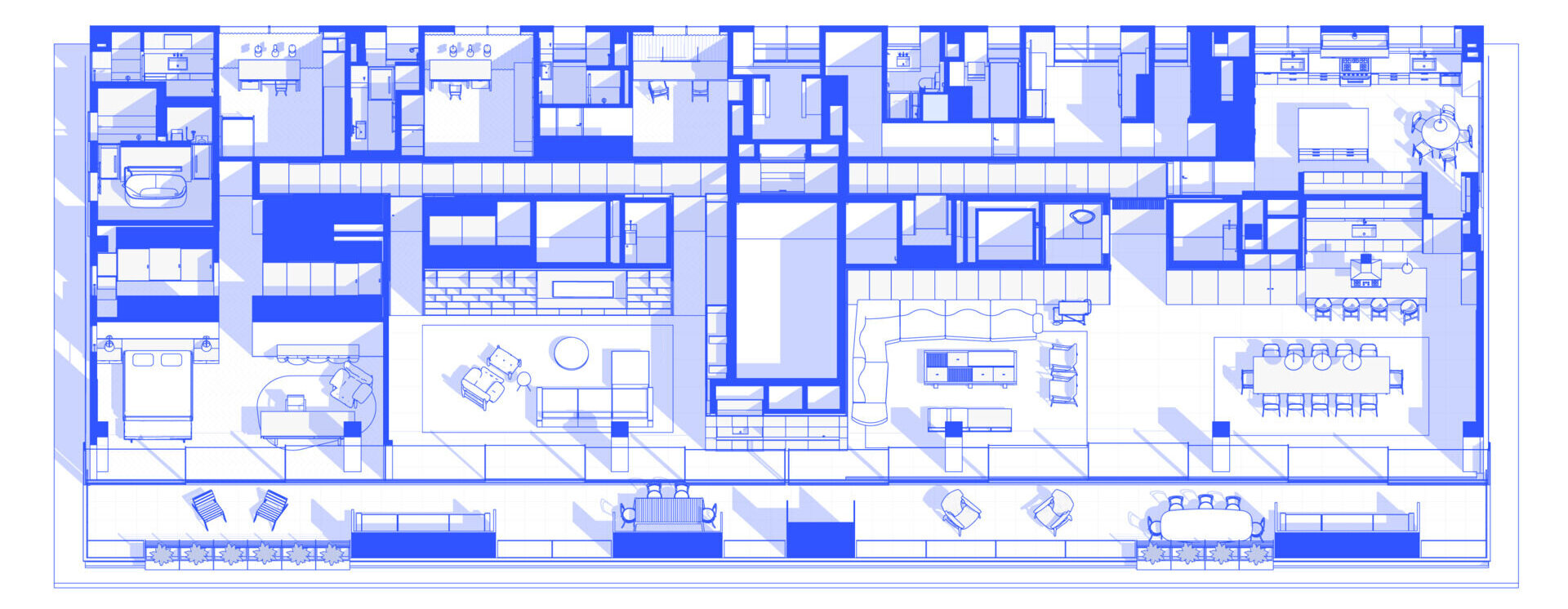The architectural drawings reveal how careful planning, circulation and hidden technical details shape this 565 sqm apartment.