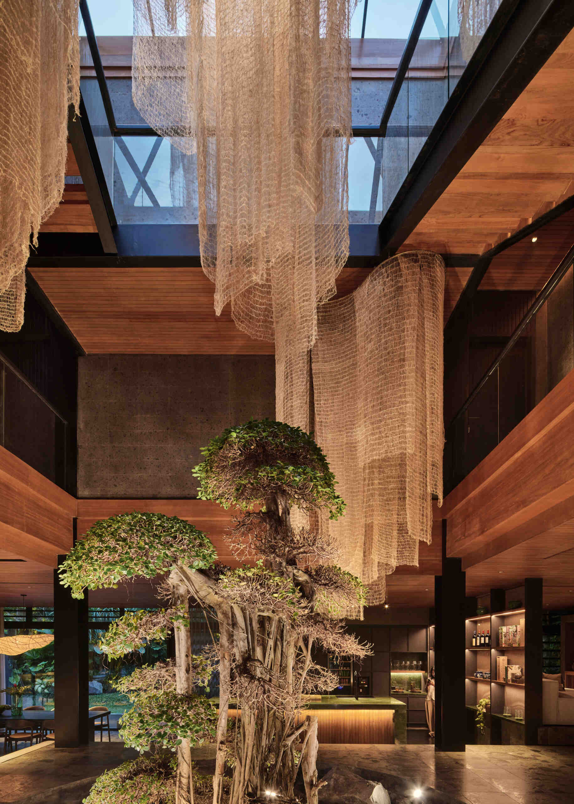 A bonsai tree beneath a skylight creates a peaceful indoor courtyard at the centre of Villa Suki.