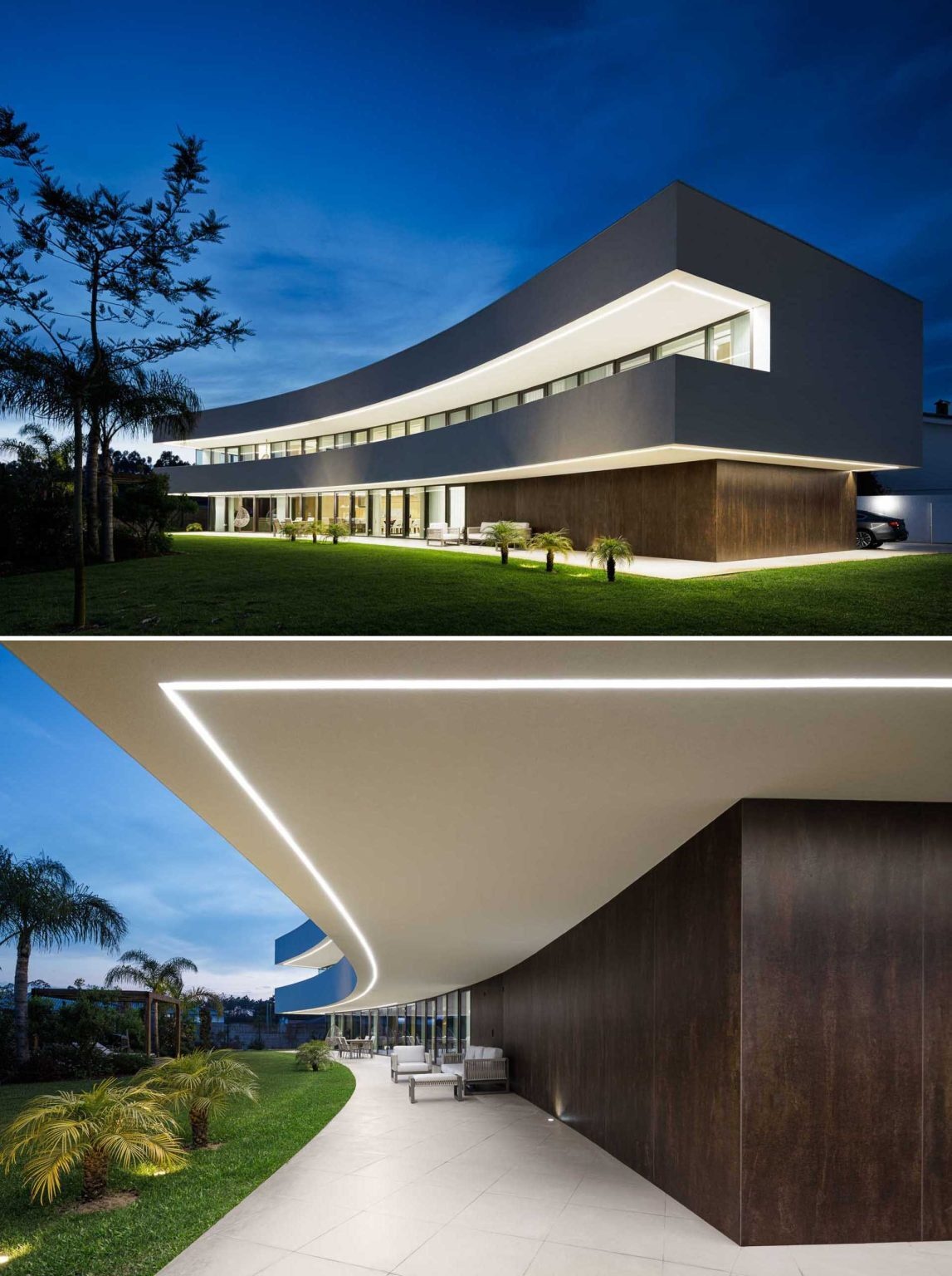 Integrated exterior lighting highlights the home's sweeping architecture after sunset, revealing the elegant curve from an entirely new perspective.