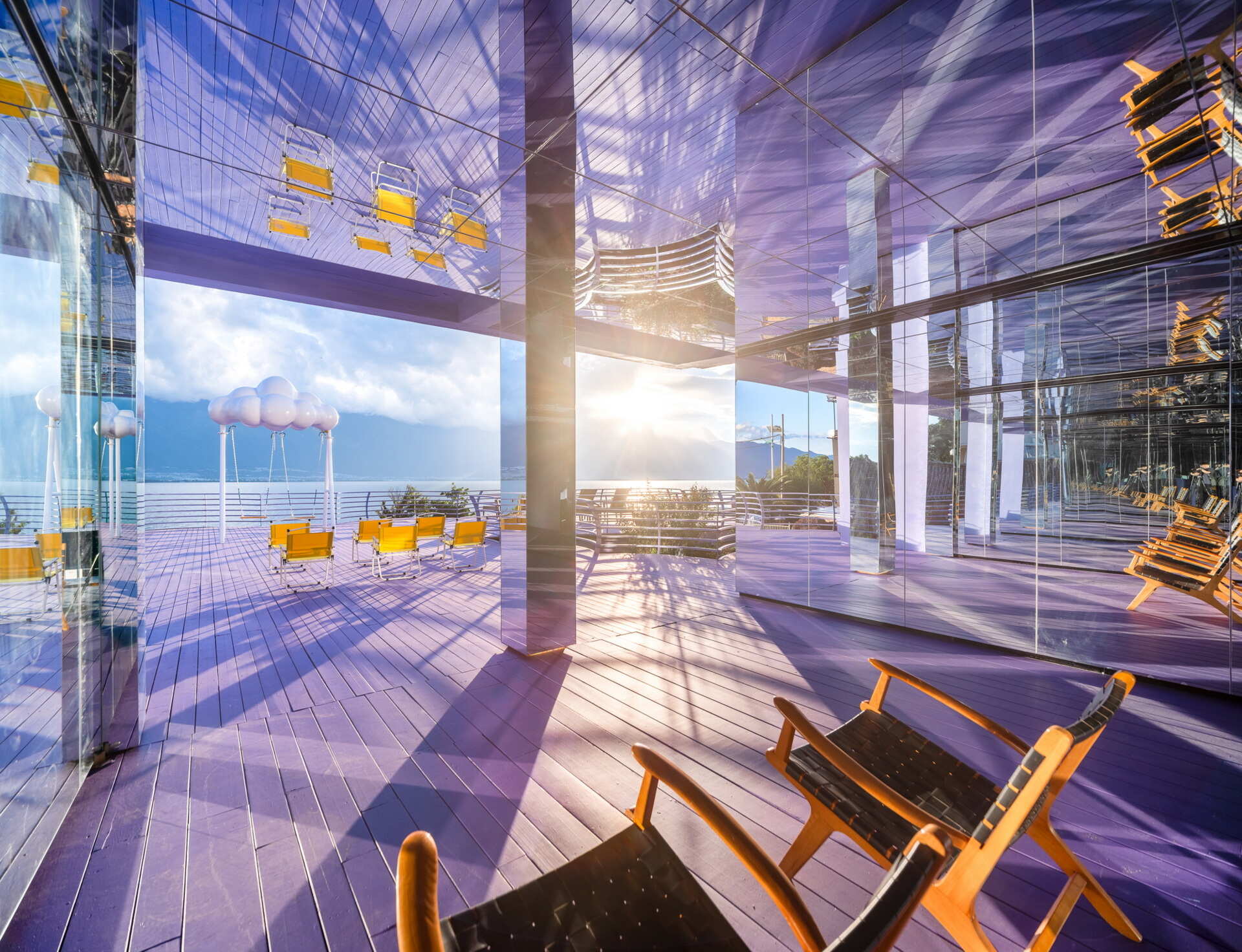 Step inside the Mirror Hall, where reflective walls and ceilings multiply the surrounding mountains, lake and clouds into an ever-changing visual experience.