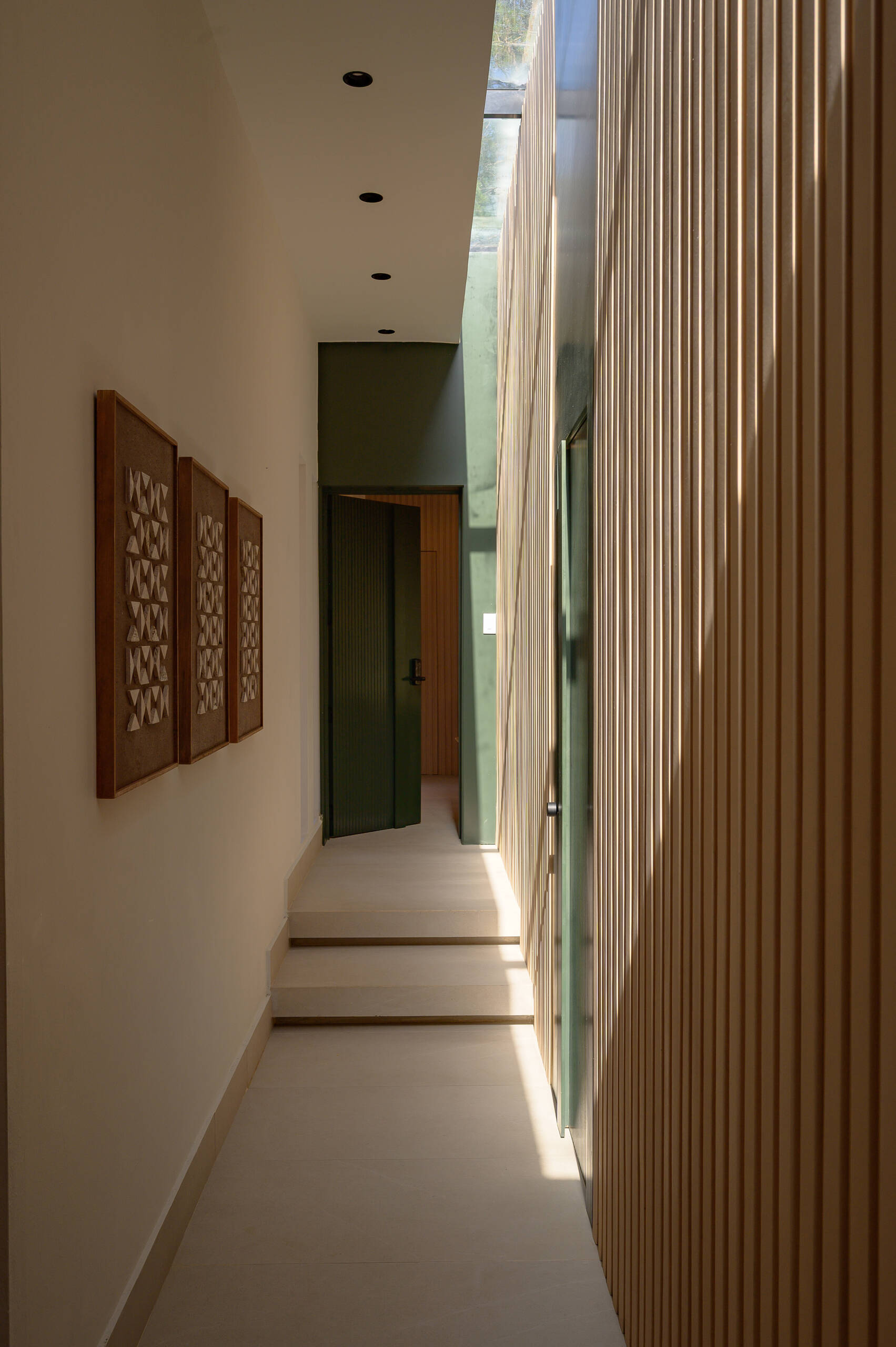 This light-filled hallway combines a skylight, vertical slat walls, courtyard glazing and deep green doors for a simple yet beautiful design.