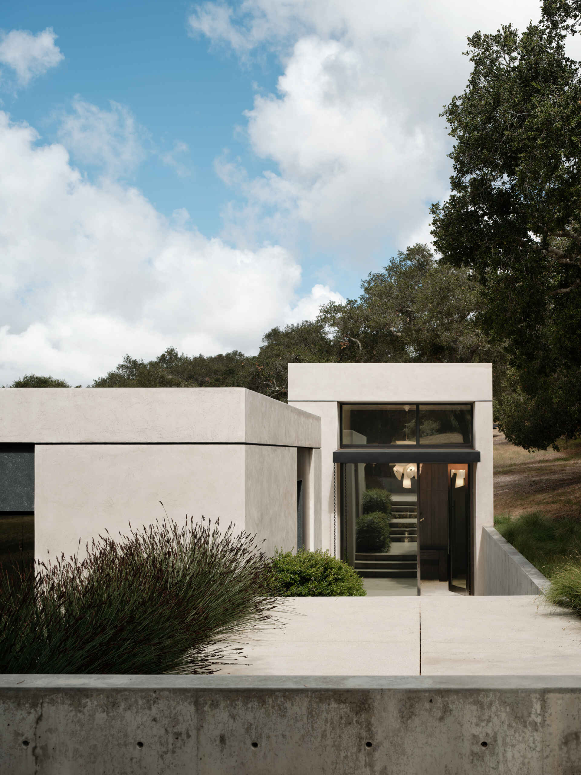 La carretera que conduce a Live Oak Residence convierte una simple caminata desde la pista de motor en una experiencia arquitectónica a través de robles y senderos en las laderas.