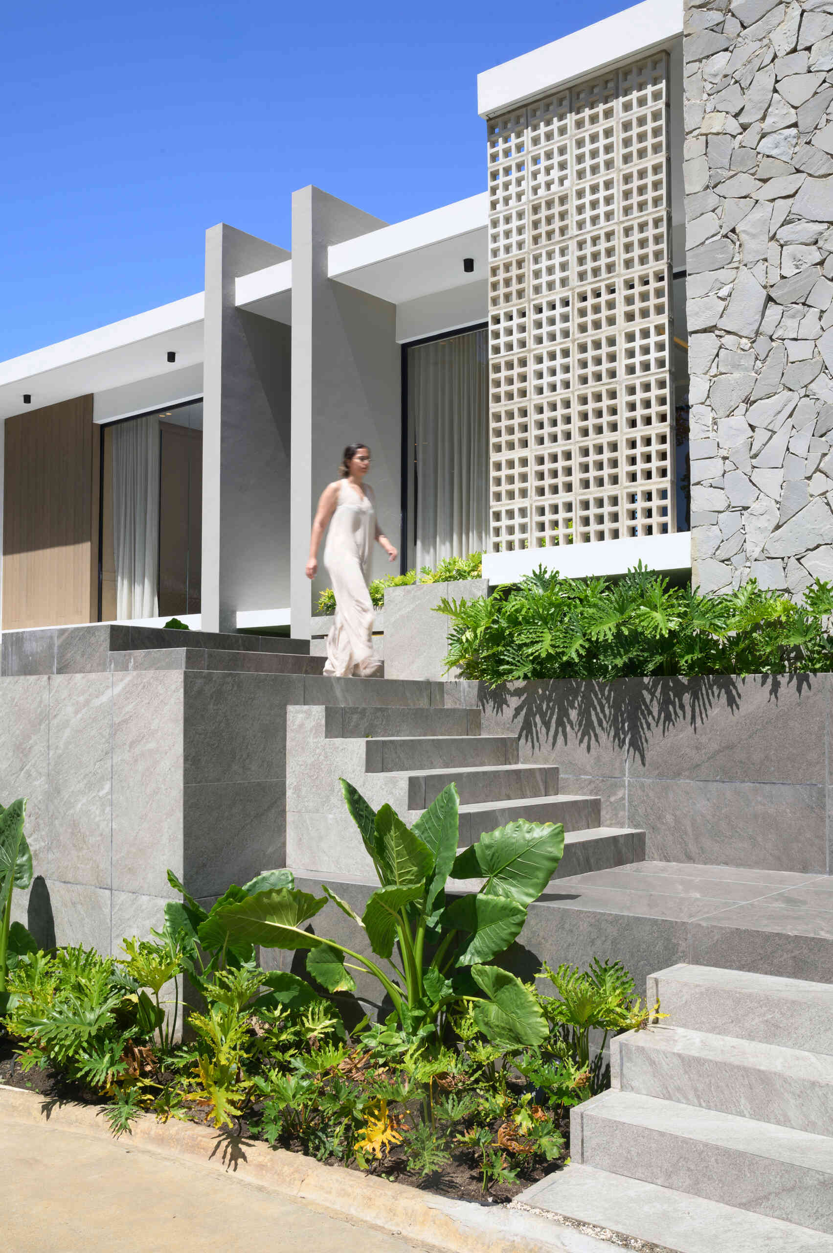 See how broad stone stairs, tropical landscaping and textured materials create a welcoming entrance to this modern hillside home.